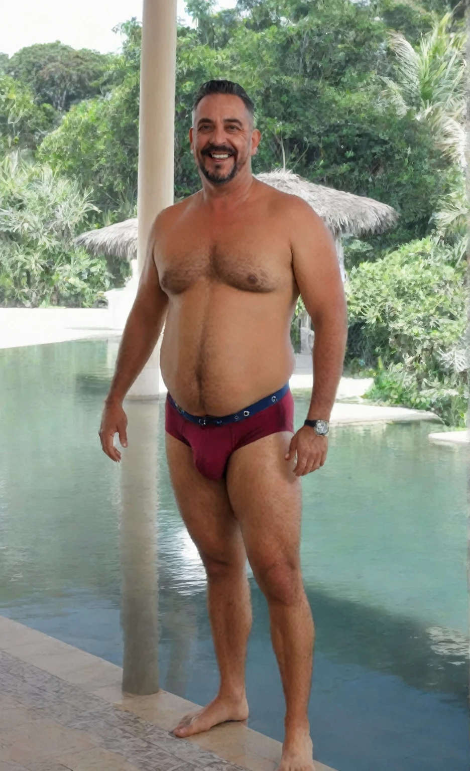 Homem de cueca, sorrindo, cueca, bojo grande,big dick, corpo robusto e encorpado, big daddy body, aparenta 30 anos
