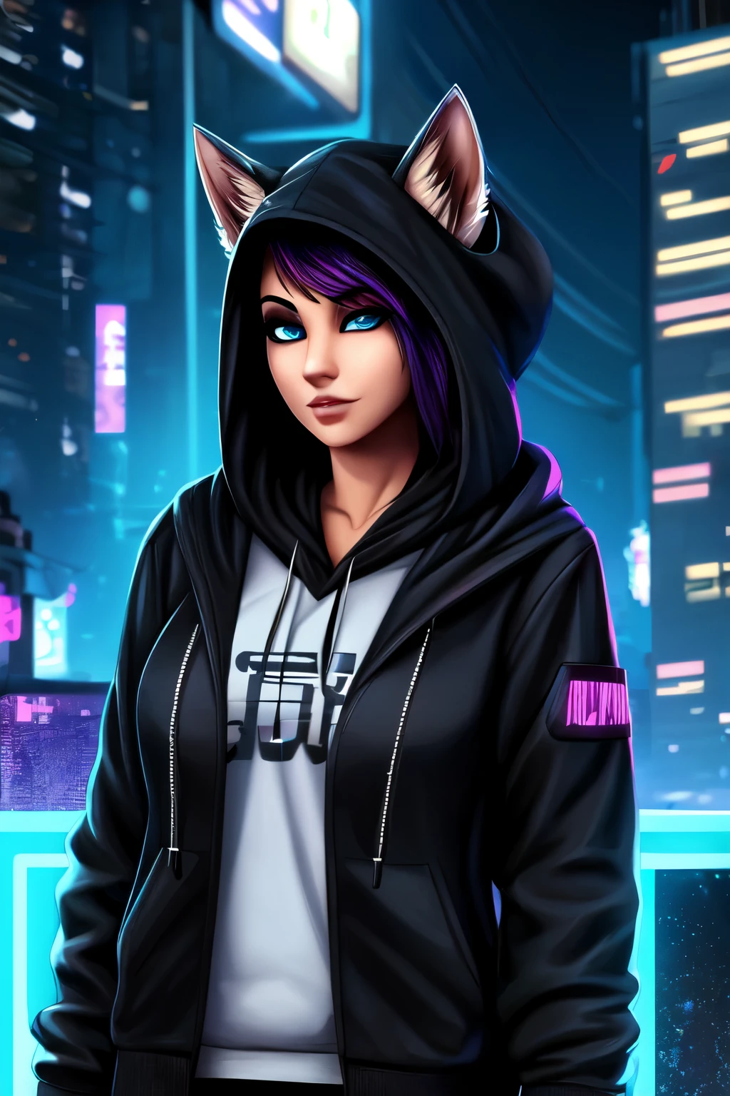by Angie Wolf's Ear, human, Pure, anthro, female, alone, clothing, , 2022, black clothing, hoodie, black jacket, eyes with eyelids, black hoodie, cyberpunk city background