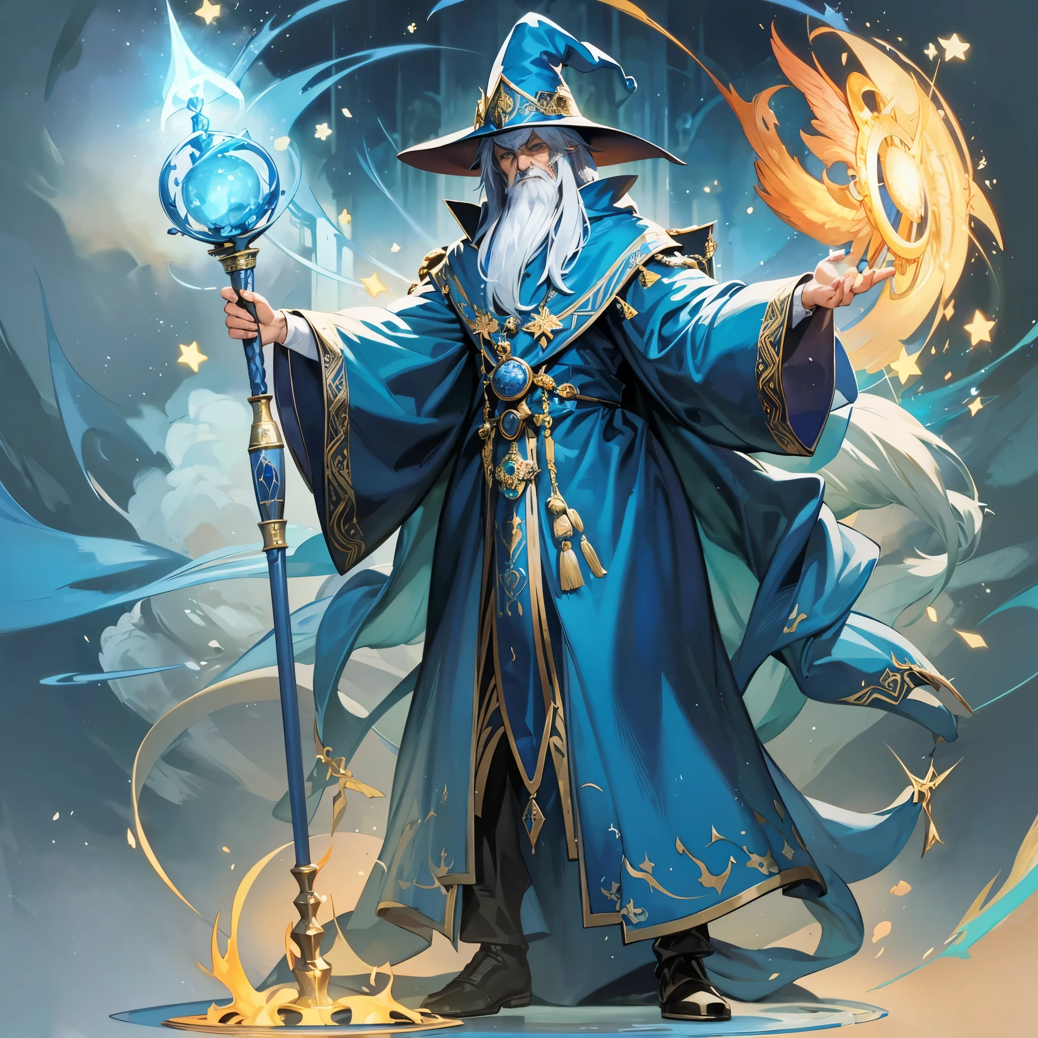 an older man(European medieval magician),Wearing a mage hat,Wearing a blue mage robe,Holding staff,Stand in the magic array,releasing magic,surrounded by fire and ice。Medium shot composition,full body pictures,Characters and scenes,Anime illustration style,watercolor style,HD,4K。