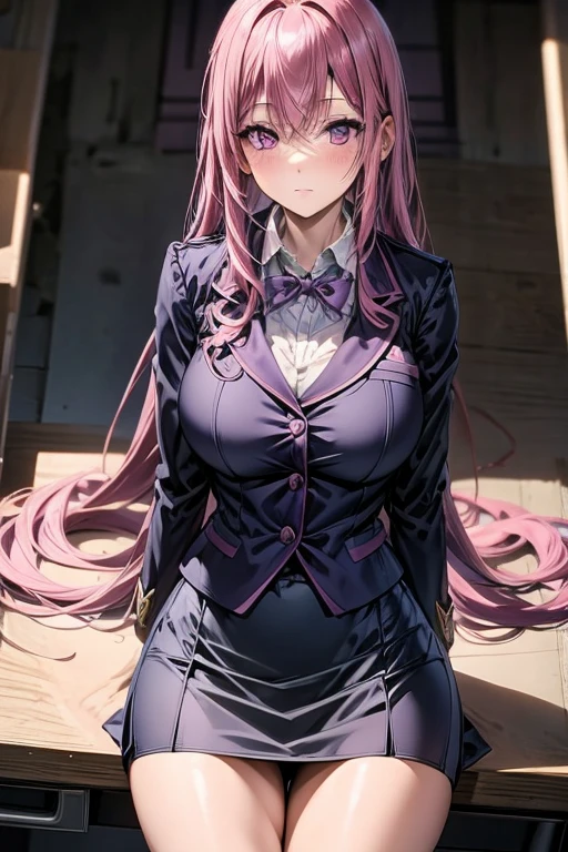 A pink haired woman with violet eyes in an hourglass figure is wearing a sexy student uniform is sitting on the desk