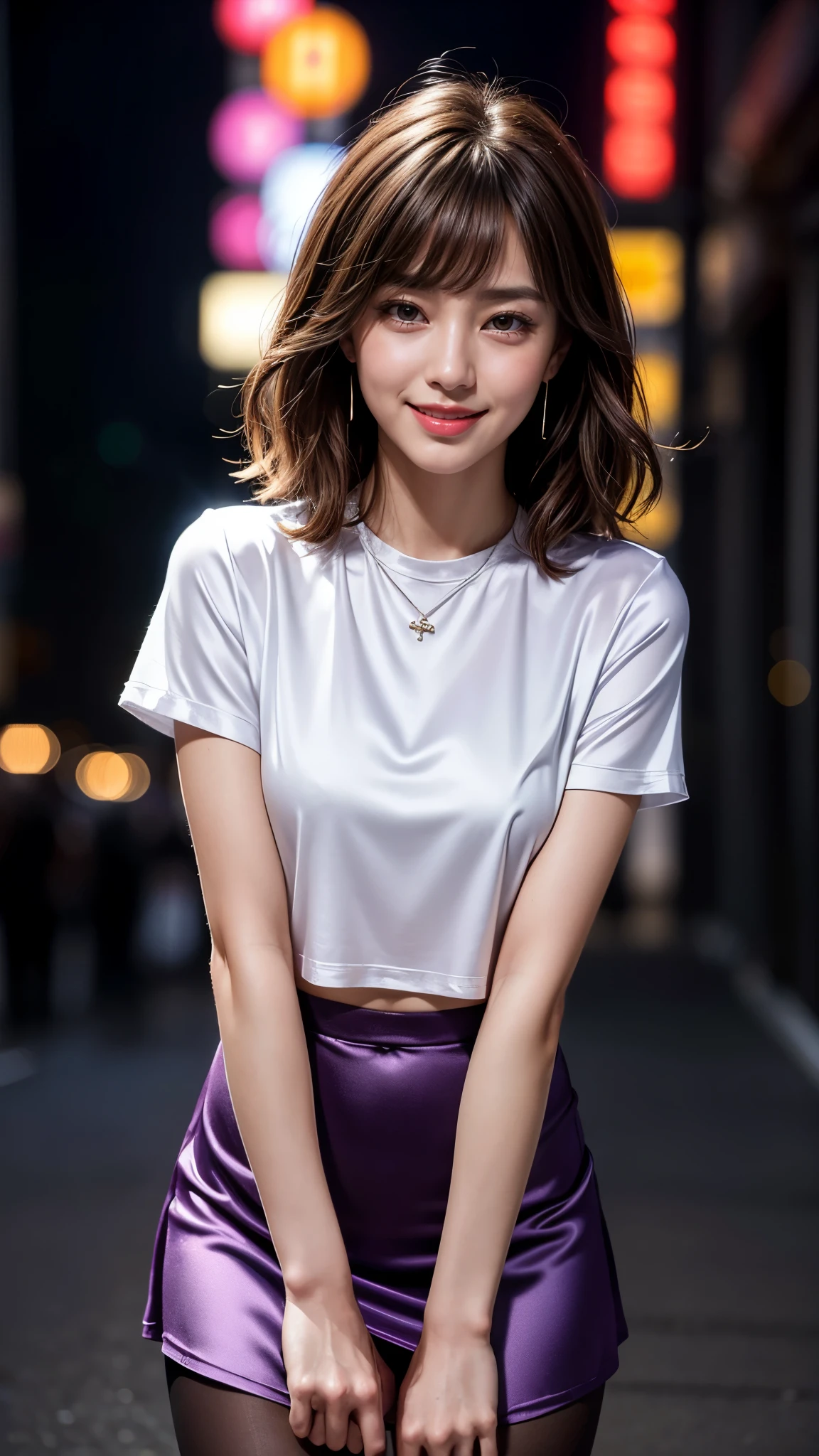 8k, masterpiece, RAW photo, best quality, photorealistic, extremely detailed CG unity 8k wallpaper, Depth of field, Cinematic Light, Lens Flare, Ray tracing, (extremely beautiful face, beautiful lips, beautiful eyes), intricate detail face, ((ultra detailed skin)) 1girl, ((Beautiful Silky satin Violet T-shirt )), ((Beautiful Silky satin Violet Above knee length skirt)), in the dark, deep shadow, pretty korean girl, kpop idol, 1 girl, (very slim slender fit-muscled body:1.3), ((looking at viewer)),(big smile:1.3), (fashion city night, dark night, (neon sign), (blurred background), fashion street night),(without people in the background:1.3), beautiful earrings, bracelets, necklace, pantyhose, clear eyes, (pale skin), (big eyes), face forward, ((upper body shot)), (looking at viewer:1.3) very slim, medium breasts, (Ultra-realistic, gazing at viewer), (hight resolution), (8K), (ighly detailed), (Brown hair, short-hair), (Show the navel), (Slim body)