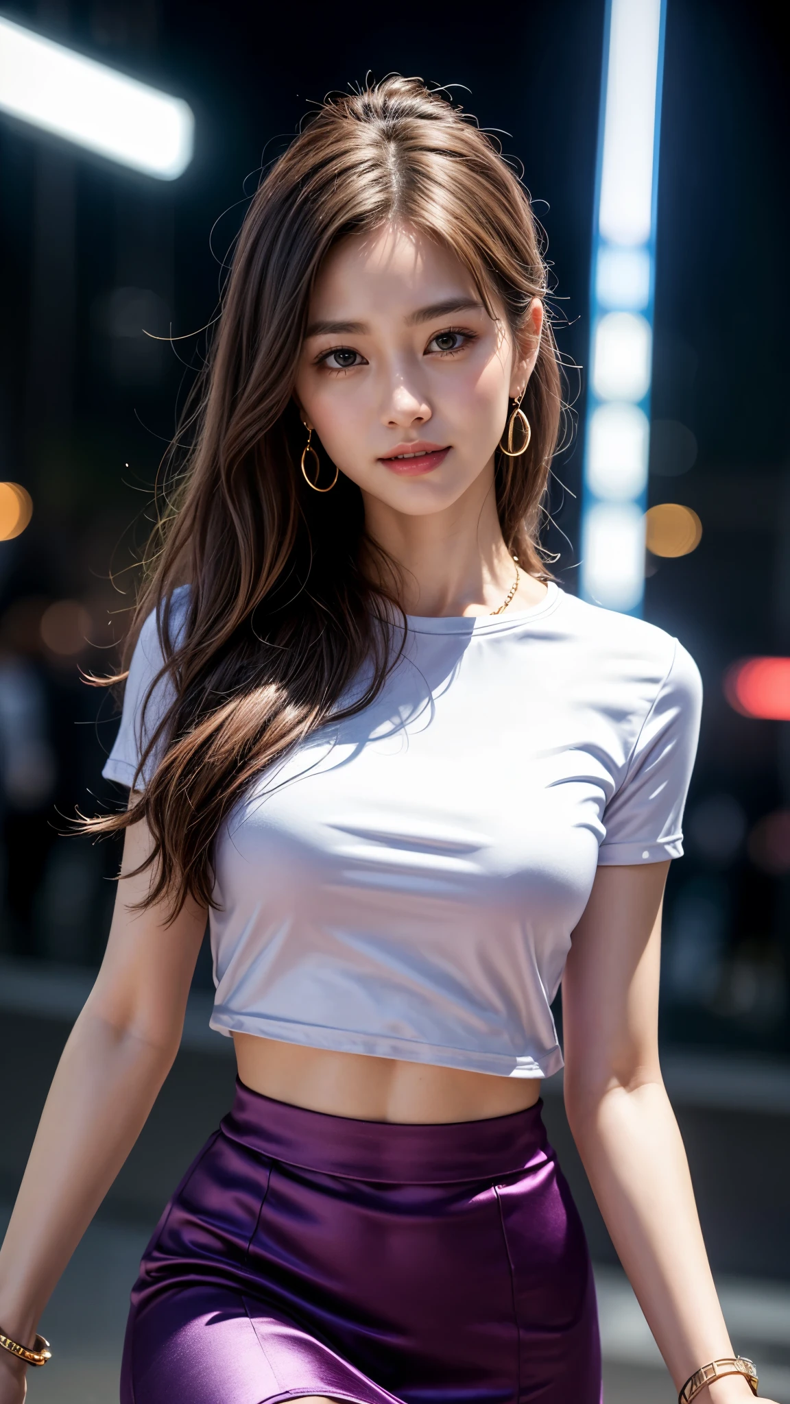 (Top quality),8K,(Masterpiece:1.3),(1 girl:1.3),(Medium breasts:1.3),Realistic,high resolution,Highly detailed face and skin texture,Realistic faces,Original photo,((Beautiful faces:1.5)),(Beautiful woman:1.4),Perfect body proportions,Whitens skin,Shiny skin,((Ultra-detailed face)),The attention to detail,Double eyelids,Eyeshadow strengthening,Eye of detail,Professional lighting,Cinematic lighting,Focus sharp,((Sporty style)),((Light, Brightly colored clothing)),Brightly colored T-shirt,Short skirt,((Lively,Active,vivaciousness)),((Panties)),((Exposing thighs)),(Erotic:1.3),On the street