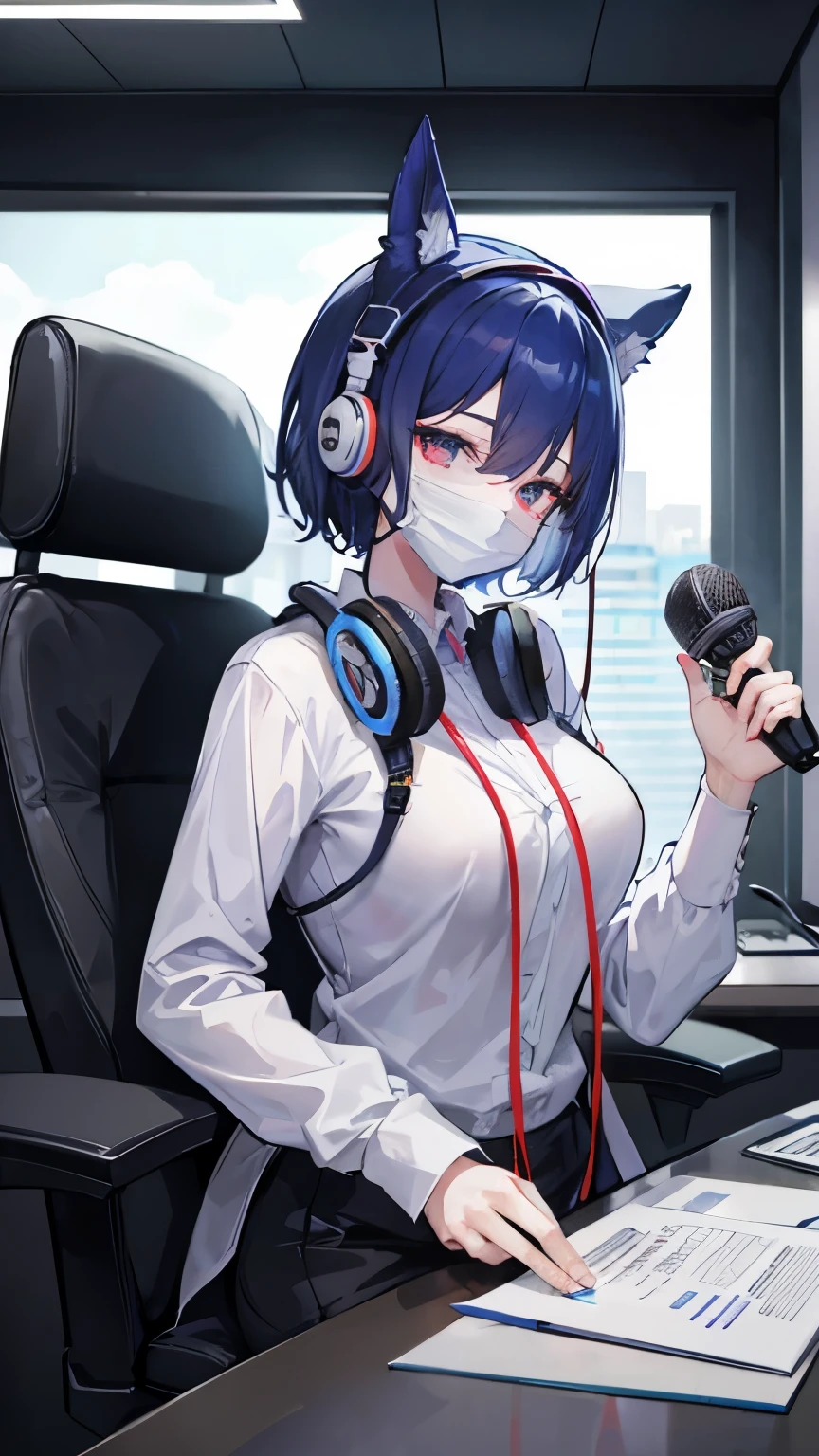 mask women with headphone and Professional Condenser Microphone loocking at camera wearing TIGHT office outfint blank backgroung