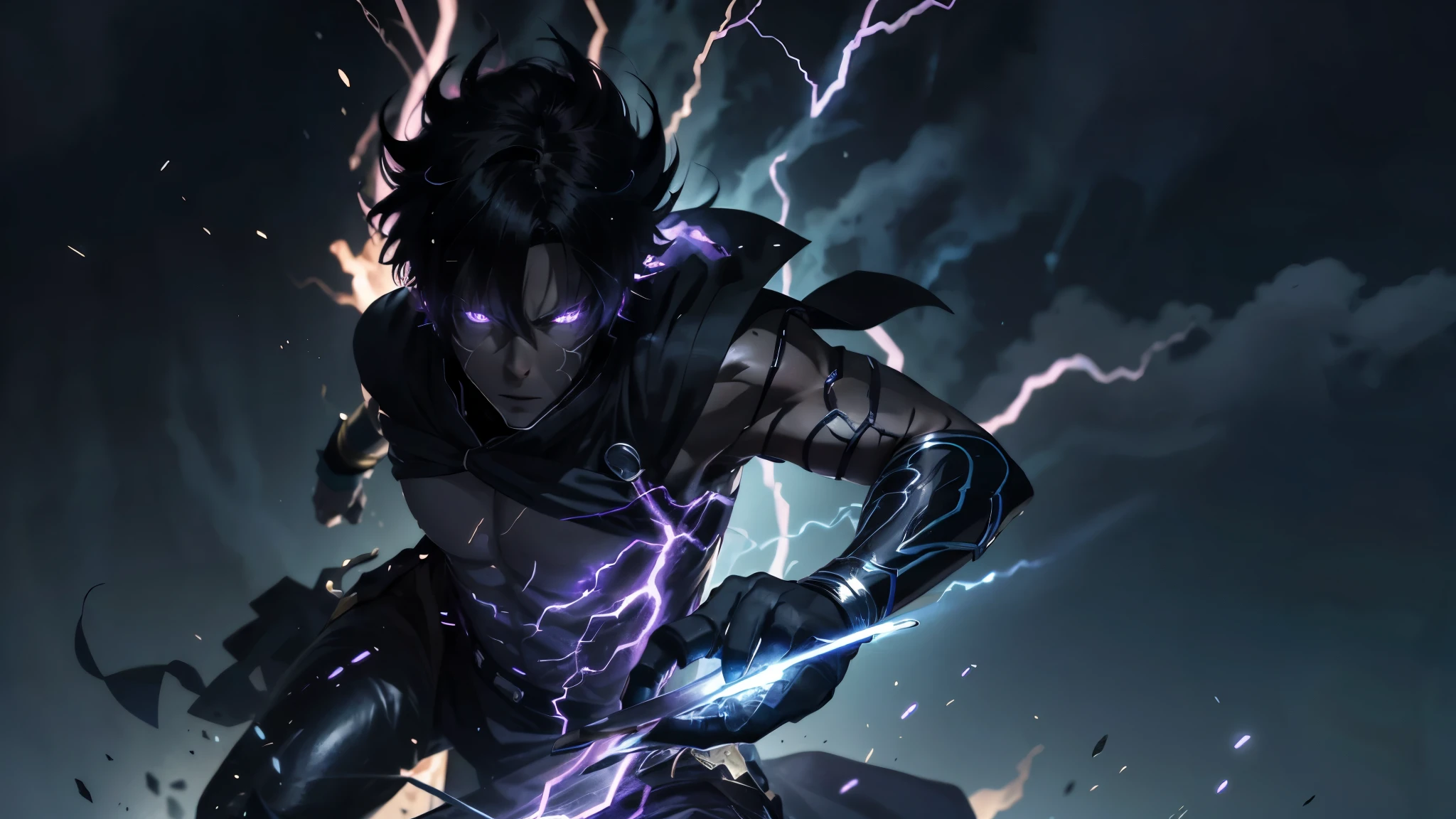 epic anime style, purple lightning, evil temperament, 20-year-old male shadow assassin, glowing black aura, shadow supervisor, handsome face, brilliant and majestic. Beautiful standard body and complete body structure. full body shot of a man with lightning in his hand, an epic anime about a purple energy man, in a battle stance with dark hair and glowing eyes looking at the viewer. Cool Gapmoe Yandere, menacing look, gintama's Hijikata Toushirou, inspired by Masanobu Okumura, the originator of the anime art style, Nobutaka Ike, the night war rages behind him. Highest image quality 8K, details everything 8K.
