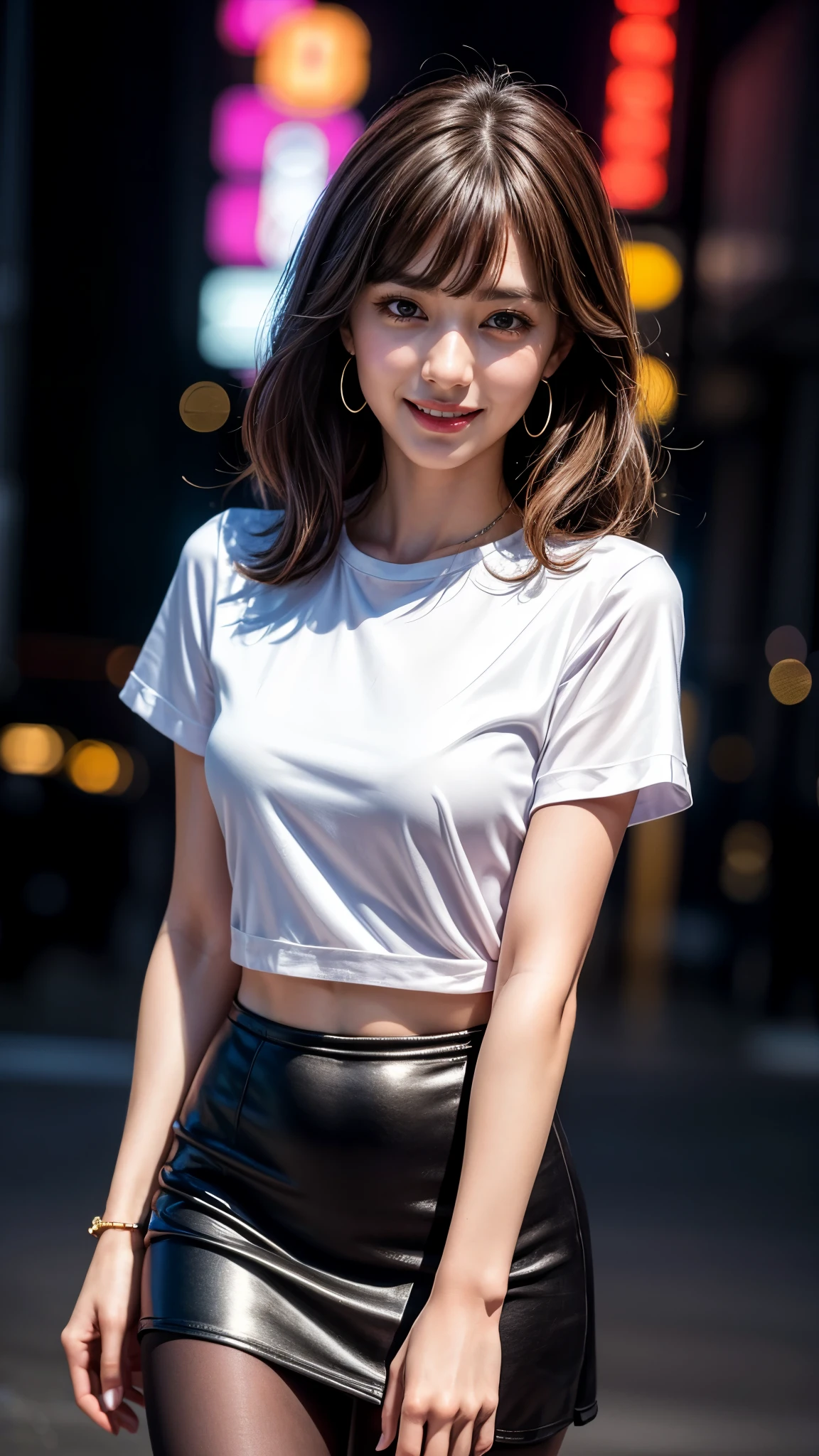 8k, masterpiece, RAW photo, best quality, photorealistic, extremely detailed CG unity 8k wallpaper, Depth of field, Cinematic Light, Lens Flare, Ray tracing, (extremely beautiful face, beautiful lips, beautiful eyes), intricate detail face, ((ultra detailed skin)) 1girl, ((Beautiful Silky satin Violet T-shirt )), ((Beautiful Silky satin Violet knee length skirt)), in the dark, deep shadow, pretty korean girl, kpop idol, 1 girl, (very slim slender fit-muscled body:1.3), ((looking at viewer)),(big smile:1.3), (fashion city night, dark night, (neon sign), (blurred background), fashion street night),(without people in the background:1.3), beautiful earrings, bracelets, necklace, pantyhose, clear eyes, (pale skin), (big eyes), face forward, ((upper body shot)), (looking at viewer:1.3) very slim, medium breasts, (Ultra-realistic, gazing at viewer), (hight resolution), (8K), (ighly detailed), (Brown hair, short-hair), (Show the navel), (Slim body) , Violet Lamborghini car, Violet colour Vehicles in background,