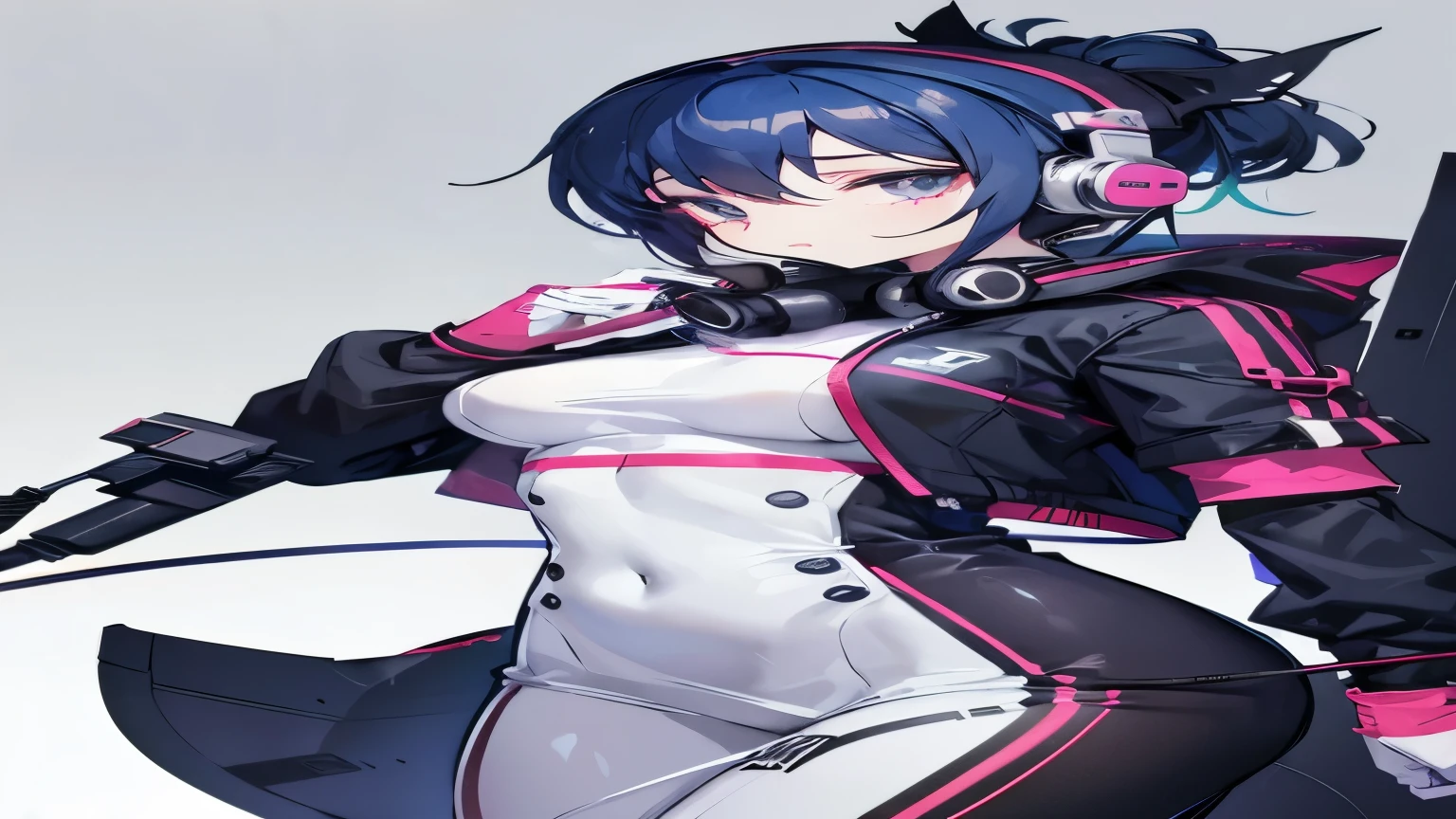 mask women with headphone and Professional Condenser Microphone loocking at camera wearing office outfint blank backgroung
