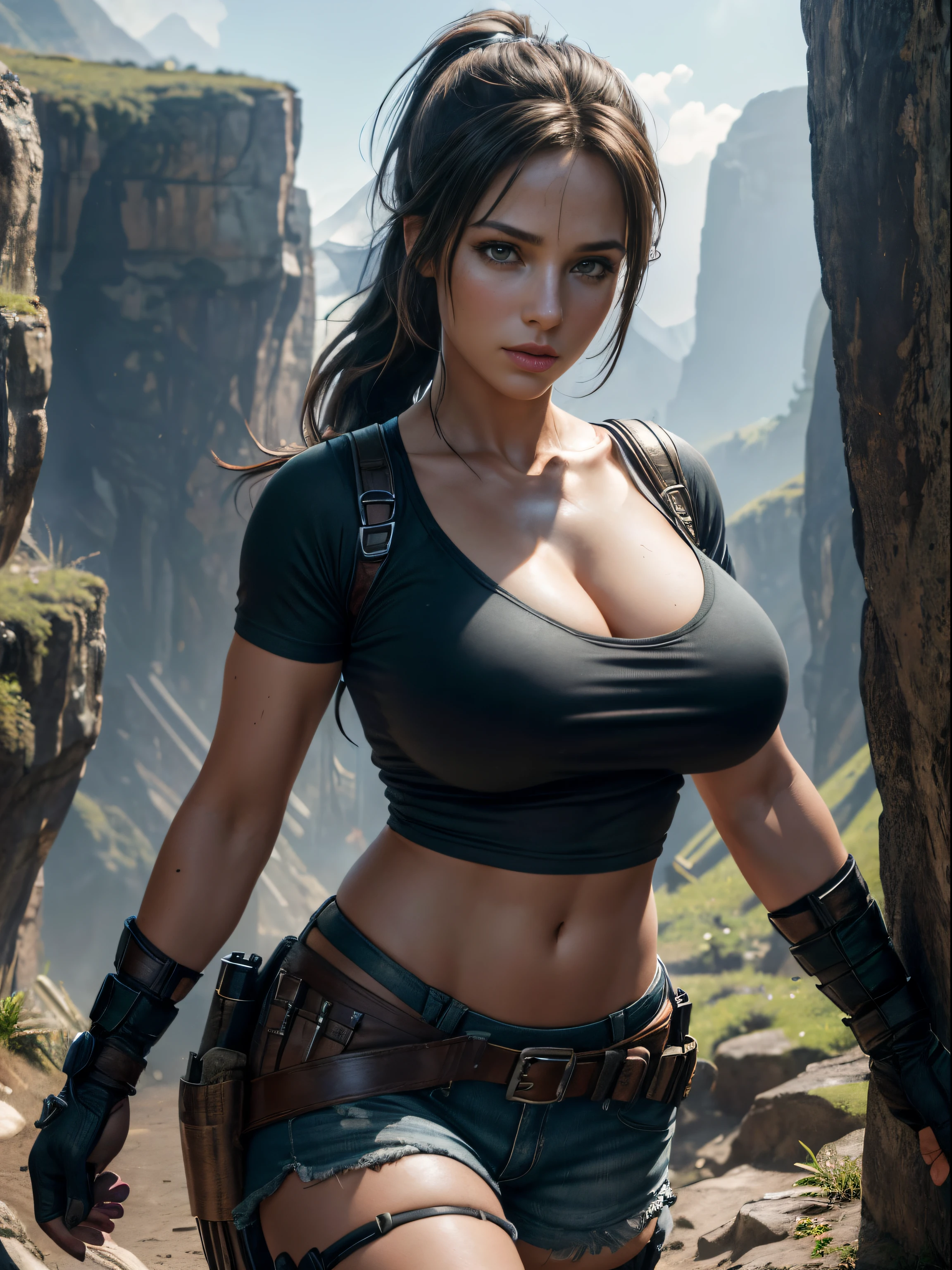 Beautiful young woman,Laura Croft,long brown hair in a ponytail,beautiful detailed eyes,beautiful detailed lips,extremely detailed eyes and face,longeyelashes,big bouncing breasts,blue t-shirt and black thong,white sox,black gloves,hiking boots,thigh gun holsters,(best quality,4k,8k,highres,masterpiece:1.2),ultra-detailed,(realistic,photorealistic,photo-realistic:1.37),HDR,UHD,studio lighting,ultra-fine painting,sharp focus,physically-based rendering,extreme detail description,professional,vivid Tomb Raider, Syfy, artists,beautiful young woman (Laura Croft),long brown hair in a ponytail (beautiful and detailed),big bouncing breasts, ((( exposed breasts 1.6))) ,blue t-shirt and green jean shorts,white sox,black gloves,hiking boots,thigh gun holsters,sharp focus,ultra-detailed,portraits,physically-based rendering,vivid colors. Full body