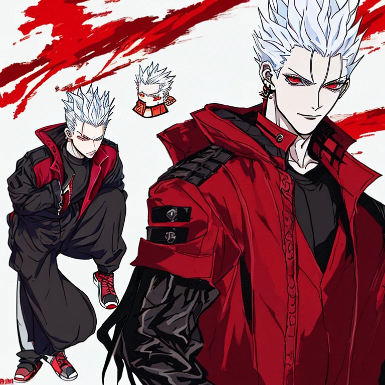 UM Personagem de anime com roupas no estilo streetWear preto e vermelho parecido com o vergil de devil may cry e o rosto do shinra de fire forece