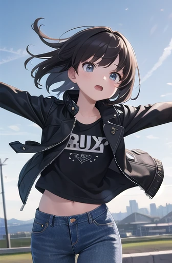 masterpiece,best quality,ultra detail,girl, 14 year old,falling, jeans, black jacket, leather jacket, fastened jacket, sky, wind, wind blow, spread arms