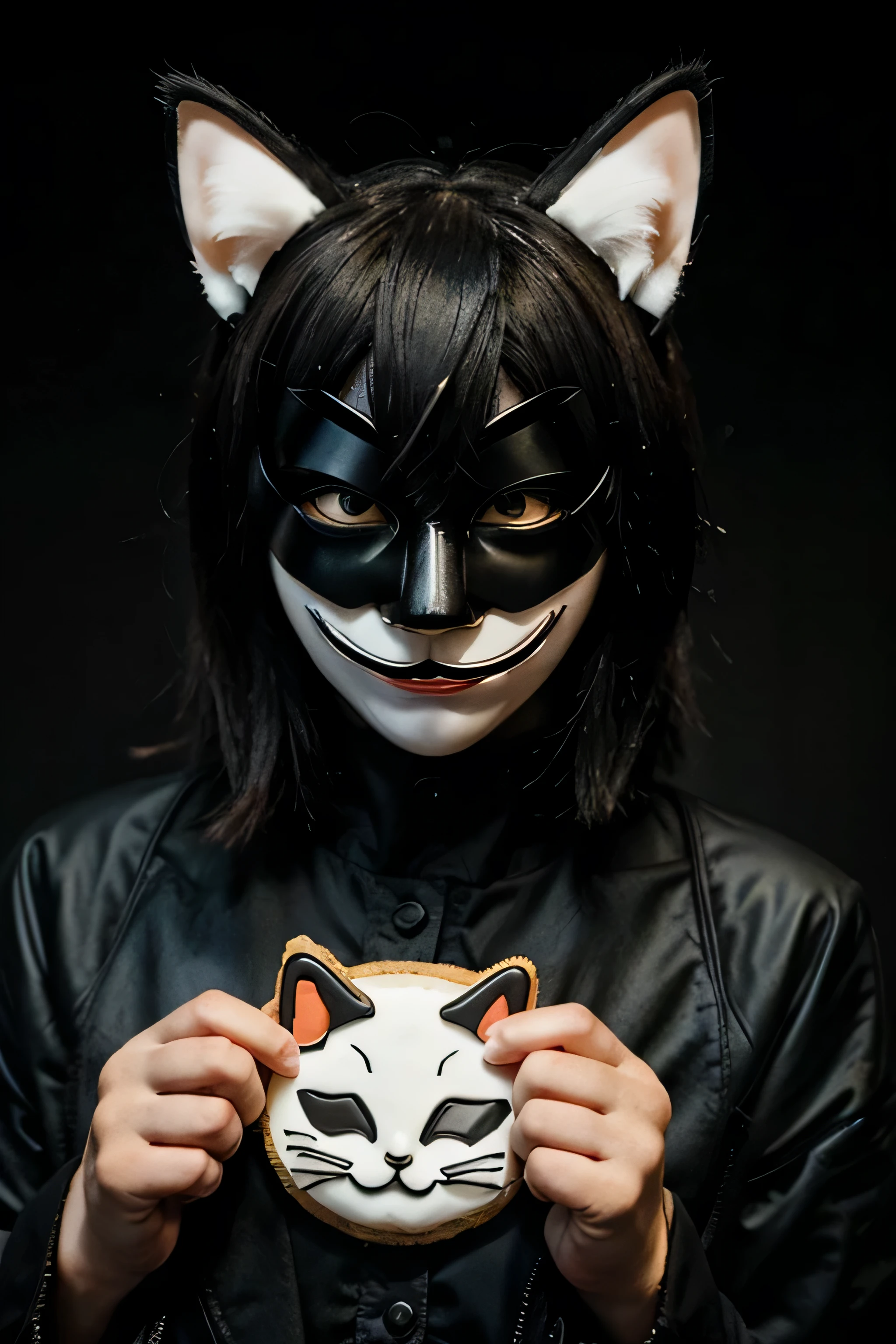 a cat wearing the Anonymous mask holding a cookie. horror style figure