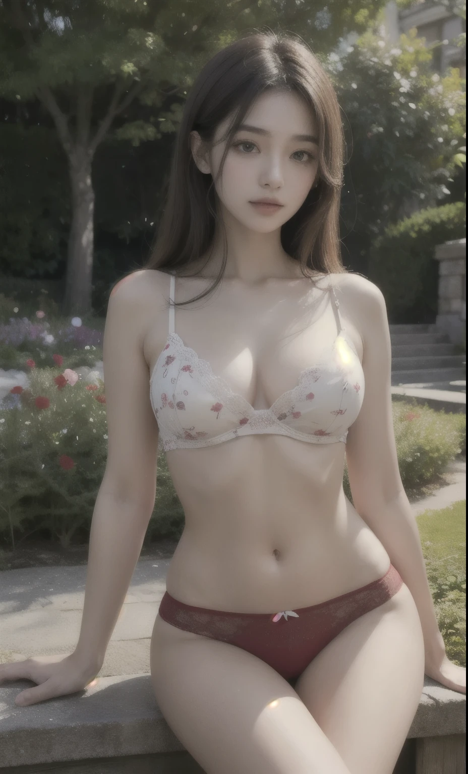 A girl wearing Japanese red underwear, in a garden; using oil painting as the artistic medium. The girl has mesmerizing eyes and captivating lips, with detailed facial features. She is seen in a graceful pose with a serene expression. The garden is adorned with vibrant flowers, creating a picturesque backdrop. The image quality should be of the highest standards, with ultra-detailed rendering and a photorealistic aesthetic. The colors in the artwork should be vivid, emphasizing the red tone of the underwear. The lighting should be soft, illuminating the scene with a gentle and warm glow.