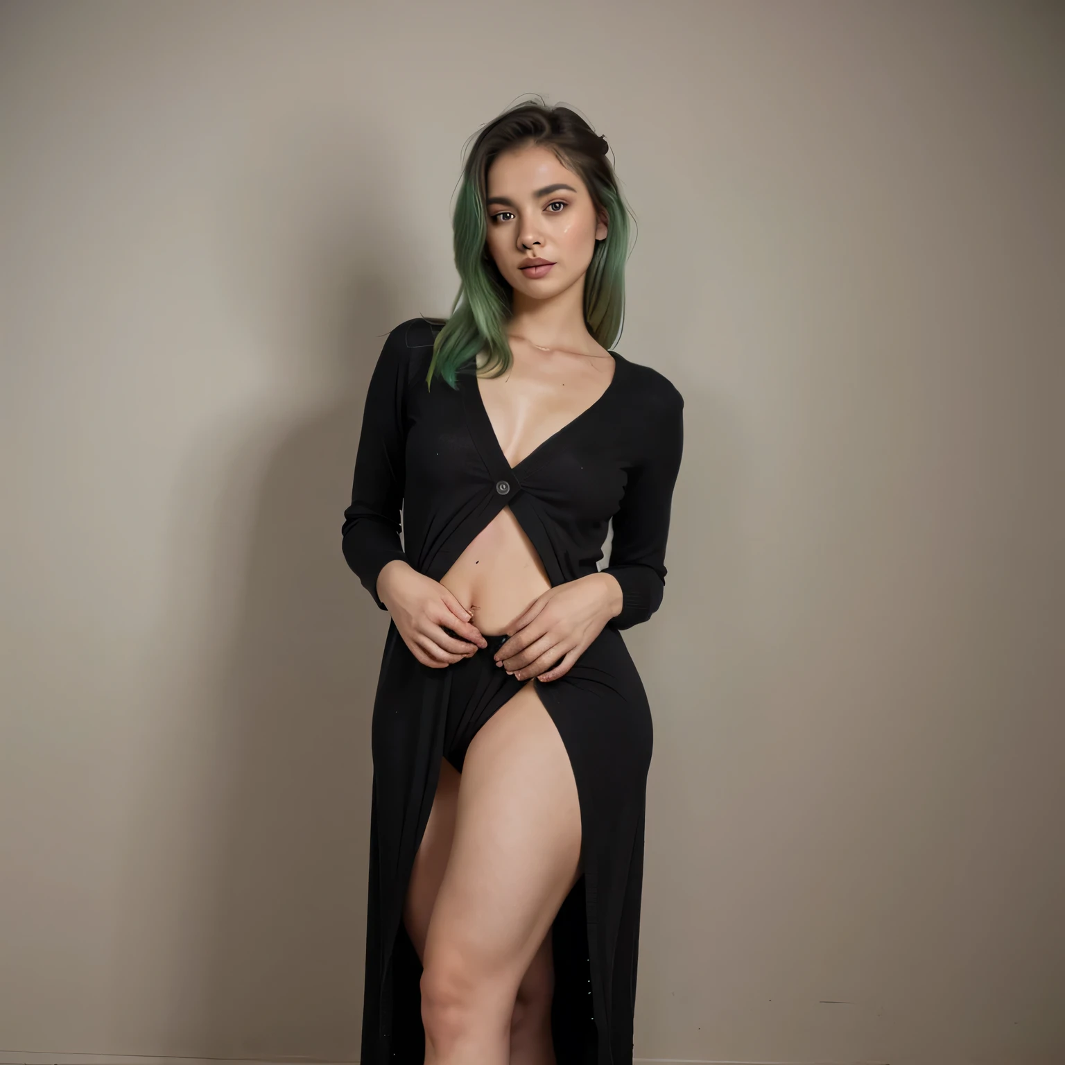 1girls, Nur, green Hair , 24 years old , A beautiful woman standing with her legs crossed, wearing a black dress with a slit, slim-bodied, fit, in romantic compositions.
