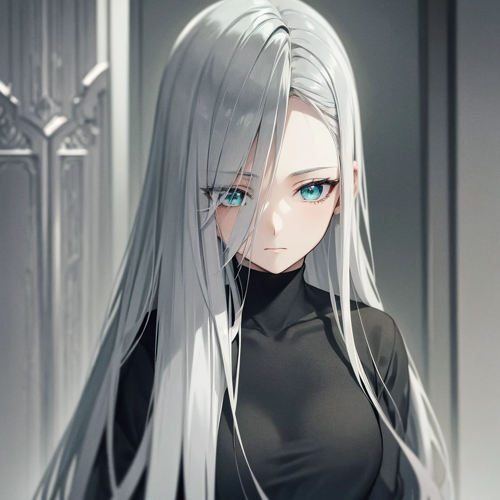 beautiful girl, anime, monotonous gray hair, muted tones, beautiful eyes, High detail, minimalism, pale green eyes, without a smile, A Mysterious Look, Average hair length