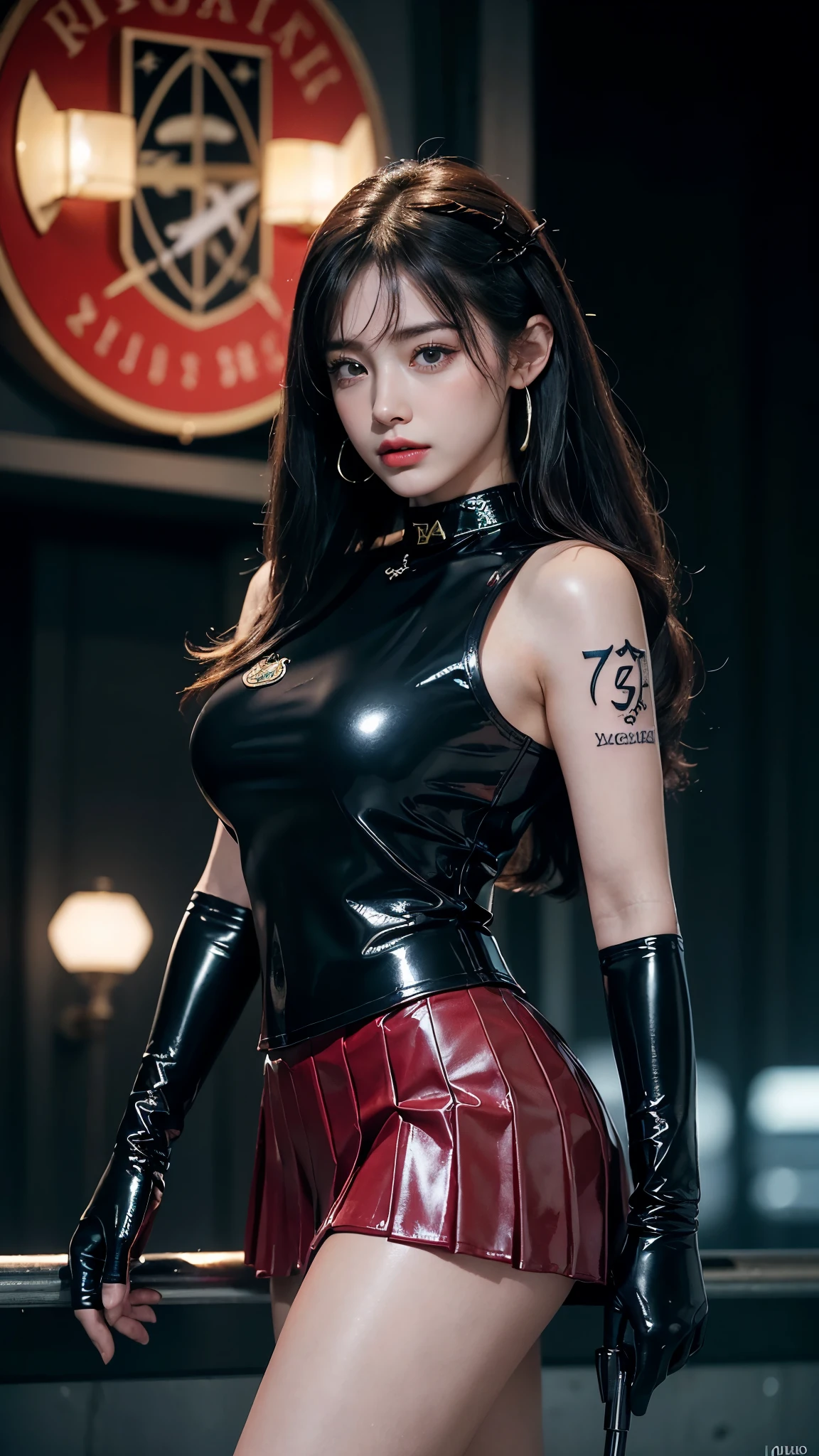 ((masterpiece:1.4)、(highest quality:1.4)、(realistic:1.7))、master piece:1.4、(Finest rendering:1.4)、(Female SWAT member of the 73rd Division of the Space Federation:1.4)、Super beautiful investigator、(Written by Luis Royo:1.4)、(hold a gun:1.2)、Body Fit Sexy Uniform、(Luxurious shiny latex:1.4)、((Navy blue sleeveless uniform jacket))、((Super Luxurious jacket))、(luxury red latex:1.4)、(Red pleated mini skirt:1.4)、22 years old、(cute tattoo:1.4)、(high resolution clothes picture quality), (wearing white gloves)、cute girl、Super beautiful、sharp focus、portrait photography、(perfect female body:1.4)、perfect proportions、(Upper body photography:1.4)、beautiful face、Fearless look、beautiful eyes、narrow waist、(Beautiful girl with long legs and good style:1.4)、beautiful feet、(long hair:1.2)、beautiful breasts、Super round Big breast, big breasts:1.3、sexy butt、(Standing facing the front:1.4)、Raw photo、red lips、red high heels:1.4、choker:1.4、necklace:1.4、earrings:1.4、1 screen display、Beautiful night view of Cyberpunk City:1.2, Stylish poses, ((4 different angles)),