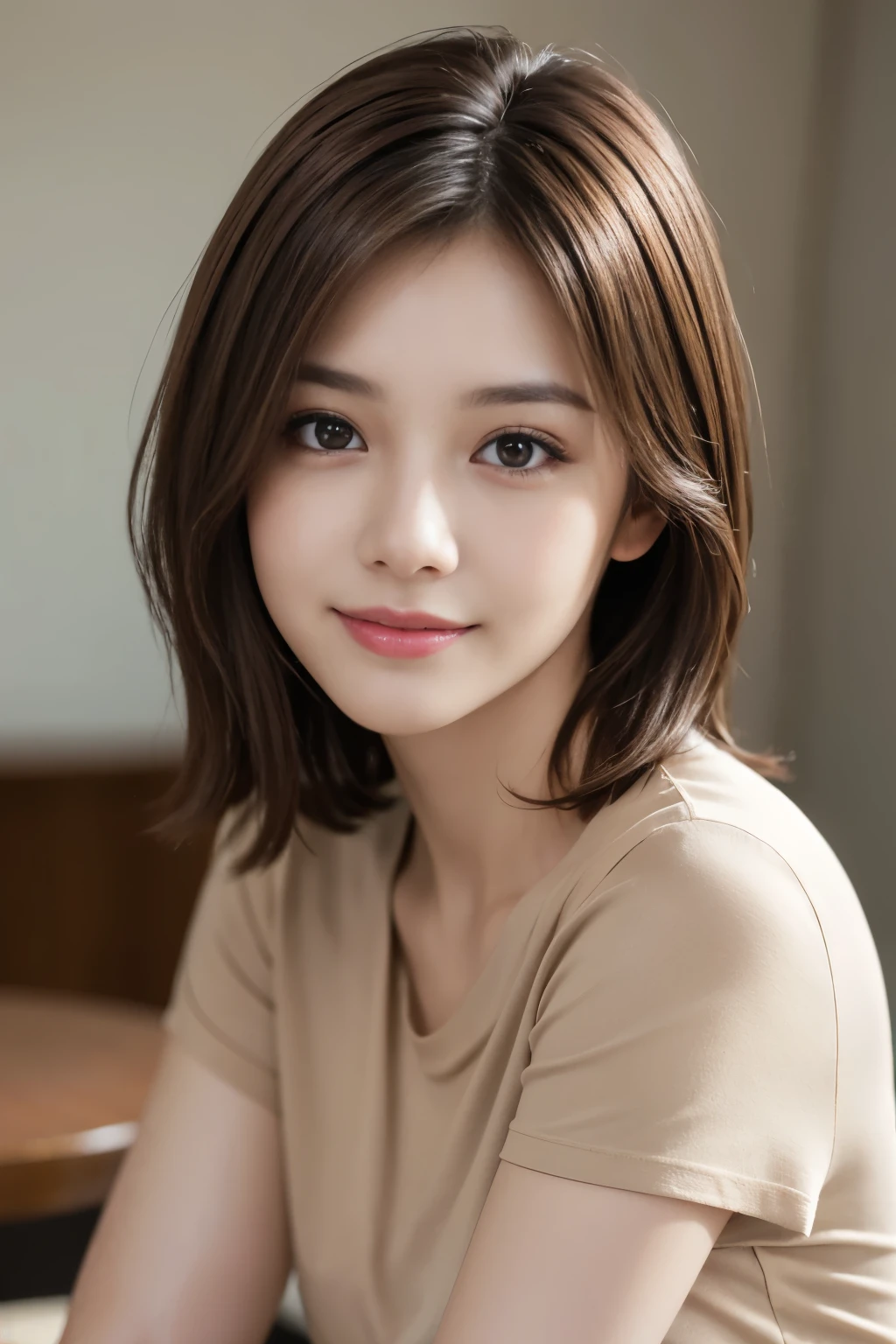 table top, highest quality, realistic, Super detailed, finely, High resolution, 8k wallpaper, 1 beautiful girl,, Light brown shorthair, wearing a t-shirt, sharp focus, perfect dynamic composition, beautiful and detailed eyes, thin hair, Detailed realistic skin texture, smile, close-up portrait, model body shape