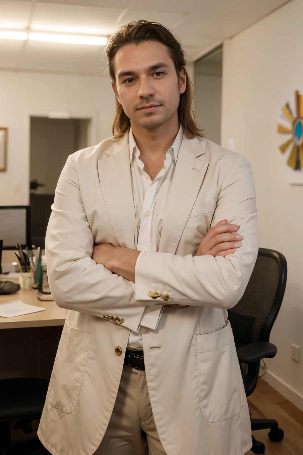 ((Melhor qualidade)), ((obra de arte)), (detalhado), rosto perfeito
Imagine um CEO ( homem) visionary leading a natural medicine company in a stylish and welcoming office, projetado para inspirar criatividade e bem-estar. The office.