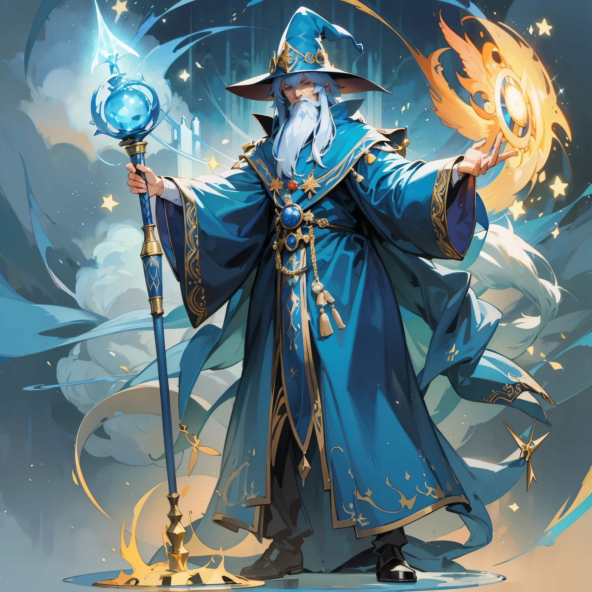 an older man(European medieval magician),Wearing a mage hat,Wearing a blue mage robe,Holding staff,Stand in the magic array,releasing magic,surrounded by fire and ice。Medium shot composition,full body pictures,Characters and scenes,Anime illustration style,watercolor style,HD,4K。