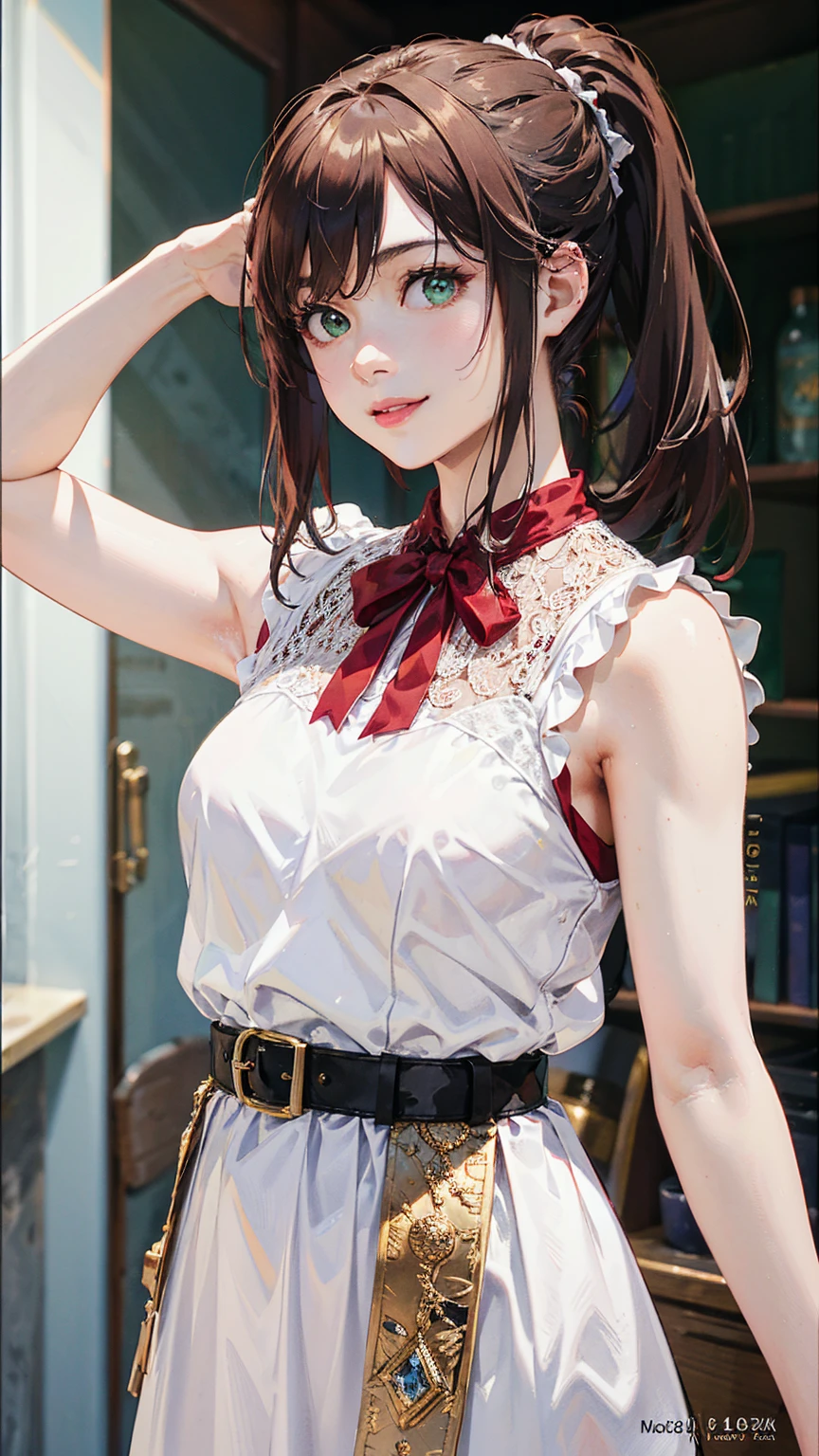 (8K, Raw photo, Best Quality, masterpiece:1.2), high-definition RAW color photography, professional photography, upper body shot, (Realistic, photograph realistic:1.37), ((Best Quality)), 17-year-old woman, Russian model, Cinematic Light, (finely detailed face:1.2), (masterpiece:1.5), (Best Quality:1.2), (Smiling:0.9), (Looking at Viewer:1.2), ((detailed dress and big detailed belt)), beautiful shaped breasts, perfect female body, slander body, random pose, dynamic angle, depth of field, red hair, ponytail, green eyes, detailed eyes, smile, close to the face,
