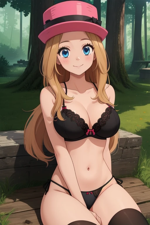 Pakun Serena, 1 girl, alone, blue eyes, blonde hair, long hair, low-tied long hair, have, pink hat,, black stockings,
smile,closed mouth,cowboy shot,sitting,
forest,outdoor,
(Extremely detailed, beautiful and detailed face, masterpiece, highest quality) cinematic lighting,、big breasts、black bra、black thong