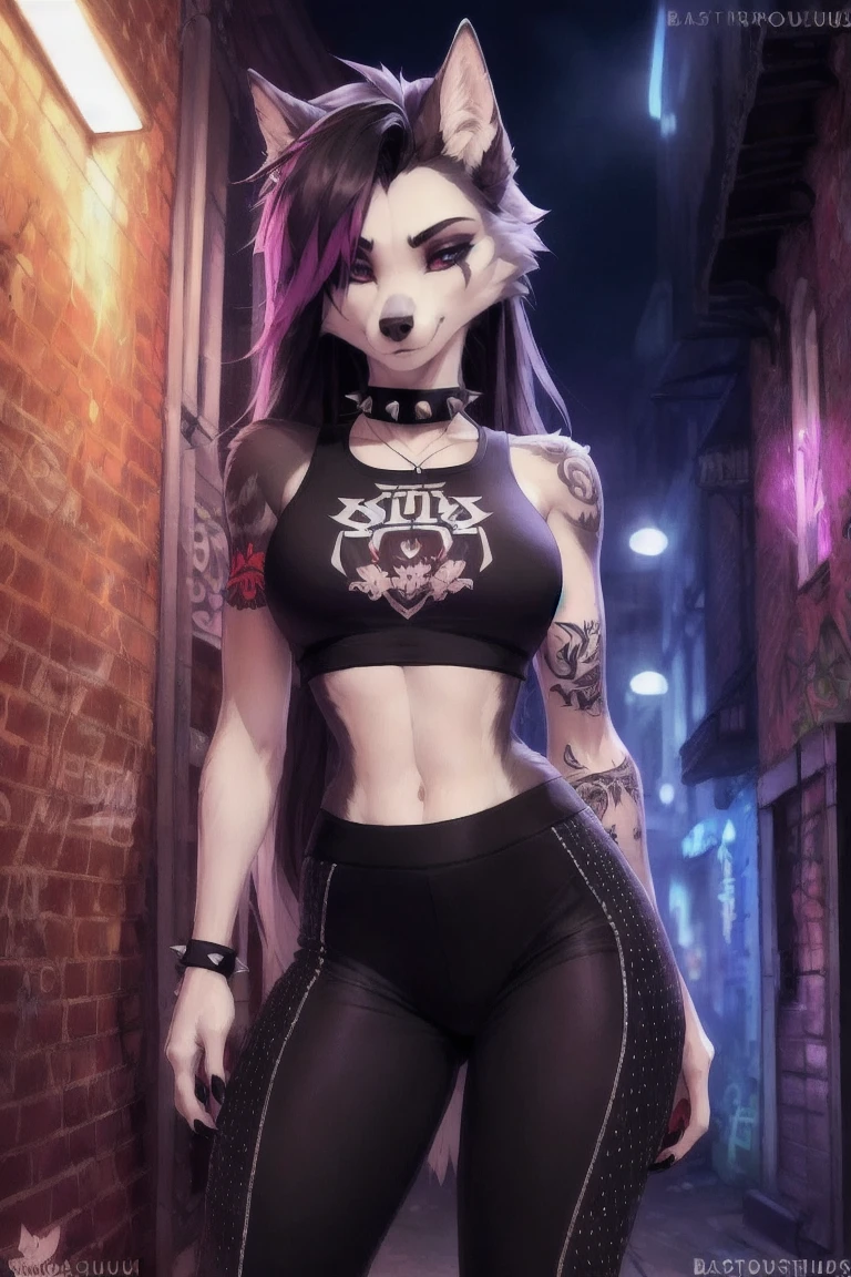 uploaded on e621, explicit content, 3d, (bastika, cutesexyrobutts, hioshiru), female, solo, wolf, dark alleyway setting, dimly lit, worn brick, graffiti, transformer box, piping, (yoga pants, punk t-shirt, spiked collar, eye shadow, black nails, tattoo), three-quarter portrait, closeup, forehead gem, long punk hair, wolf ears, (perfect detailed face),  (detailed eyes),