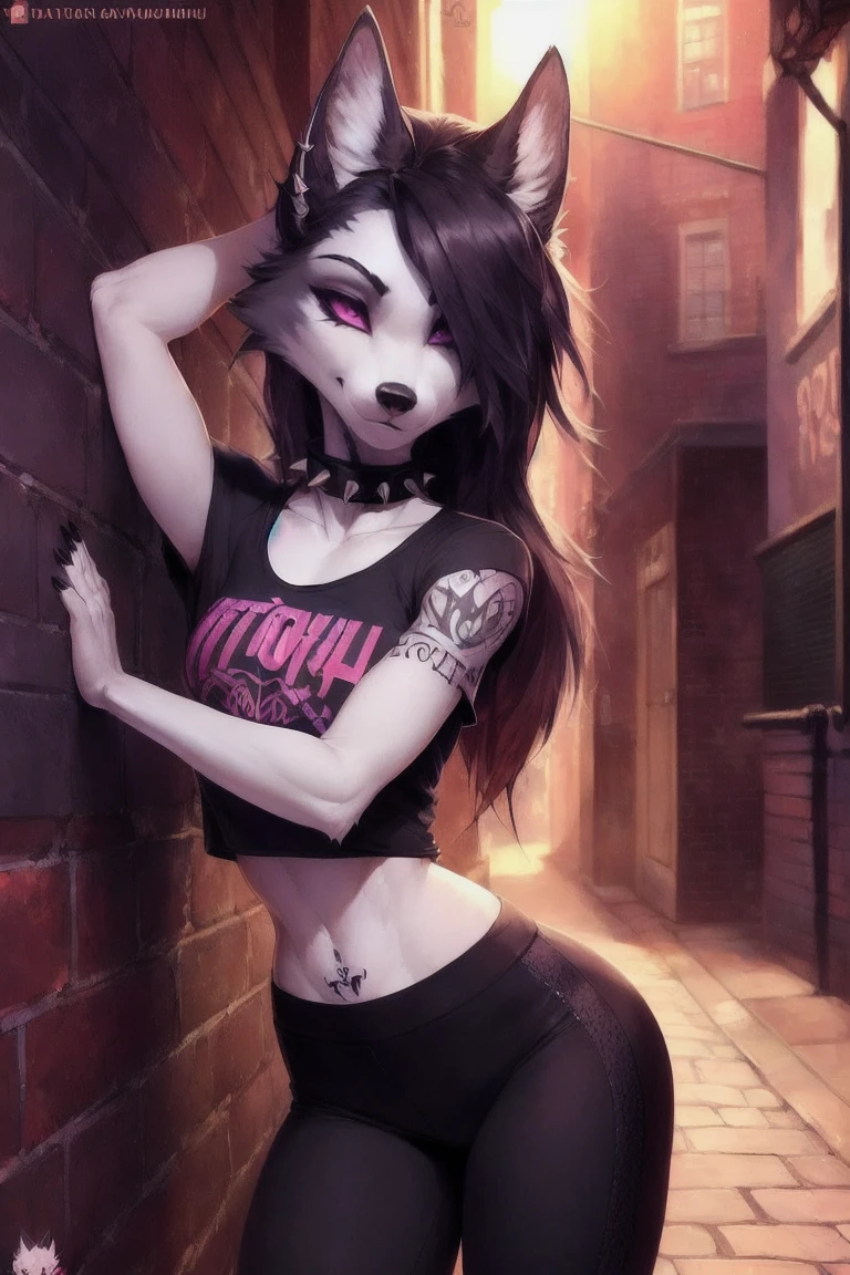 uploaded on e621, explicit content, 3d, (bastika, cutesexyrobutts, hioshiru), female, solo, wolf, dark alleyway setting, dimly lit, worn brick, graffiti, transformer box, piping, (yoga pants, punk t-shirt, spiked collar, eye shadow, black nails, tattoo), three-quarter portrait, closeup, forehead gem, long punk hair, wolf ears, (perfect detailed face),  (detailed eyes),