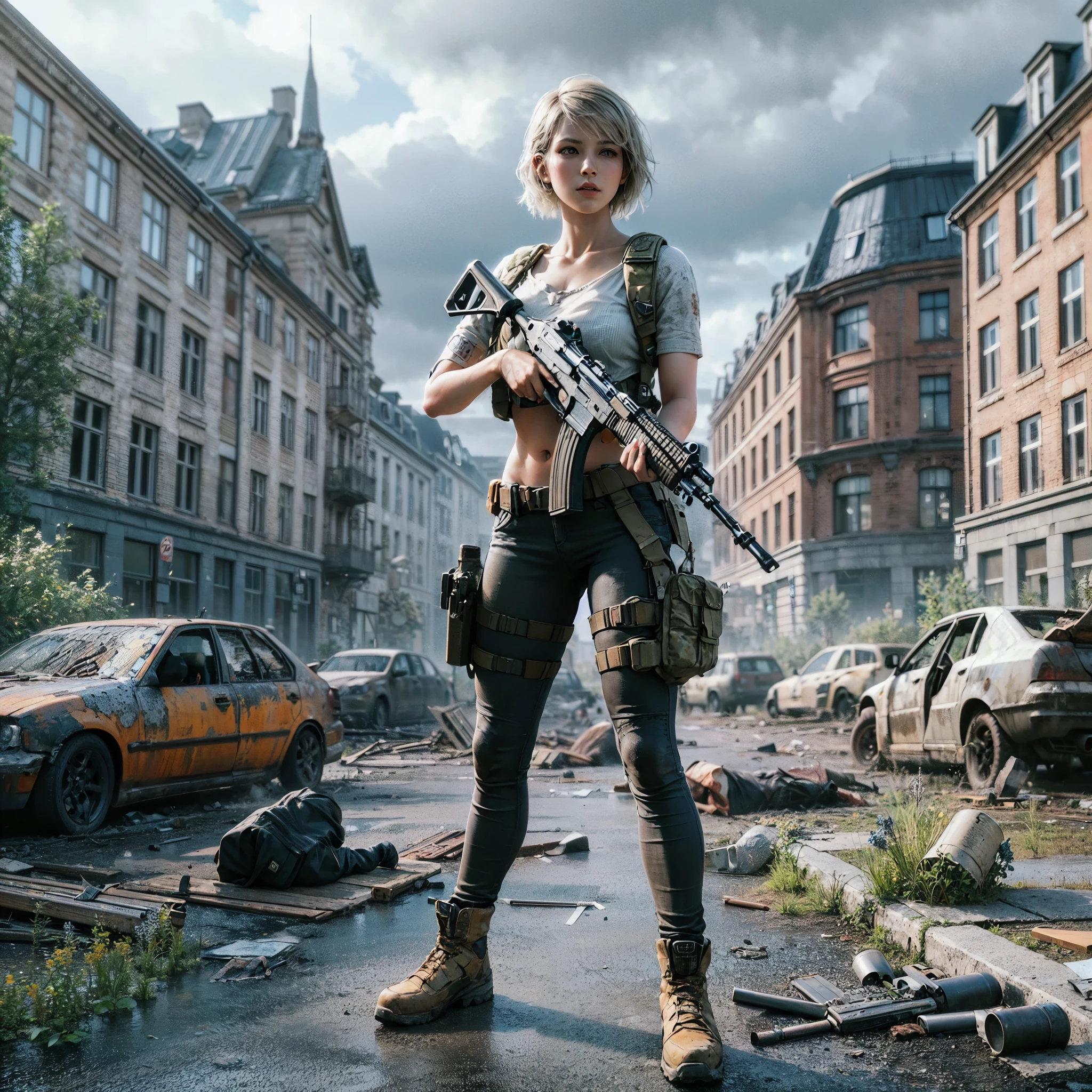 Masterpiece, a Beautiful Norwegian 26 years old women in a post apocalyptic Oslo in combat, She is ready to fight in a post apocalyptic urban gang warfare. standing in a devastated street with an automatic rifle, debris and ruins everywhere, post apocapyptic atmosphere, full body shot, sunny day , a beautiful woman holding a rifle standing in a street with destroyed buildings, 3 d render character art 8 k, game cg, ultra realistic concept art, in a post apocalyptic city, photorrealistic concept art, 4k highly detailed digital art, photorealistic concept art, ( apocalyptic ) 8 k, rolands zilvinskis 3d render art,  8K, ultra high res.photorealistic, UHD, RAW