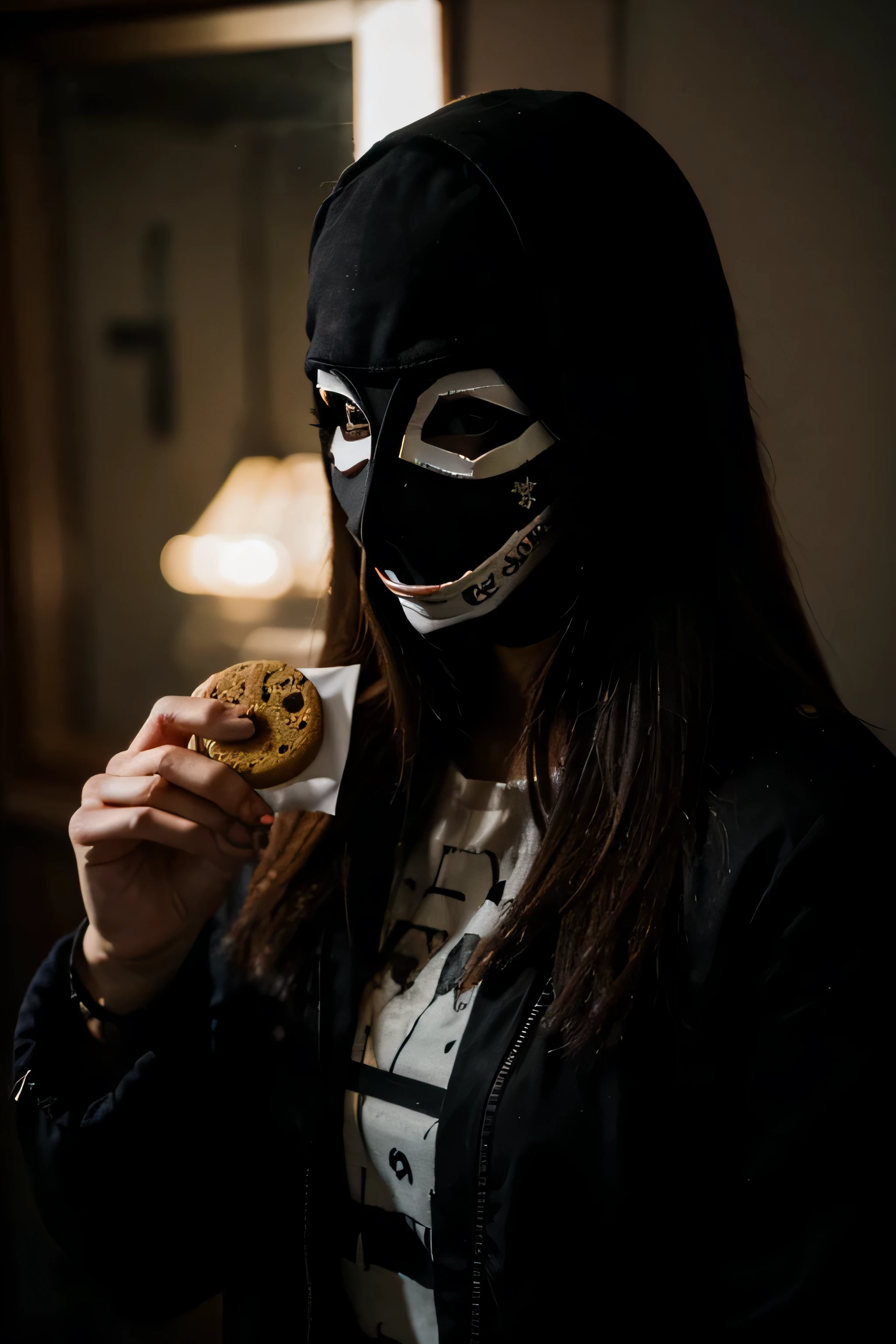 a woman wearing the Anonymous mask holding a cookie. horror style figure