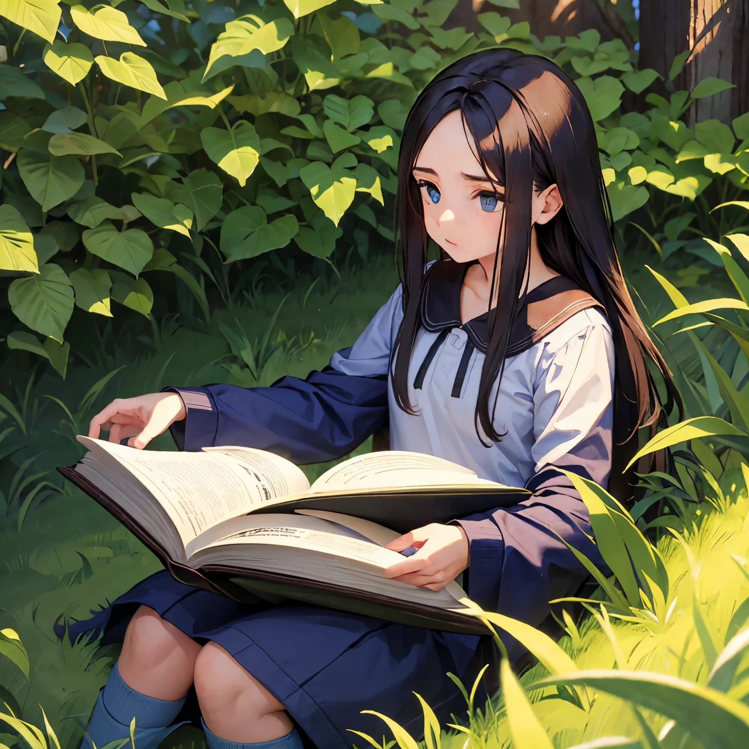 de cabelo castanho escuro lendo um livro no campo