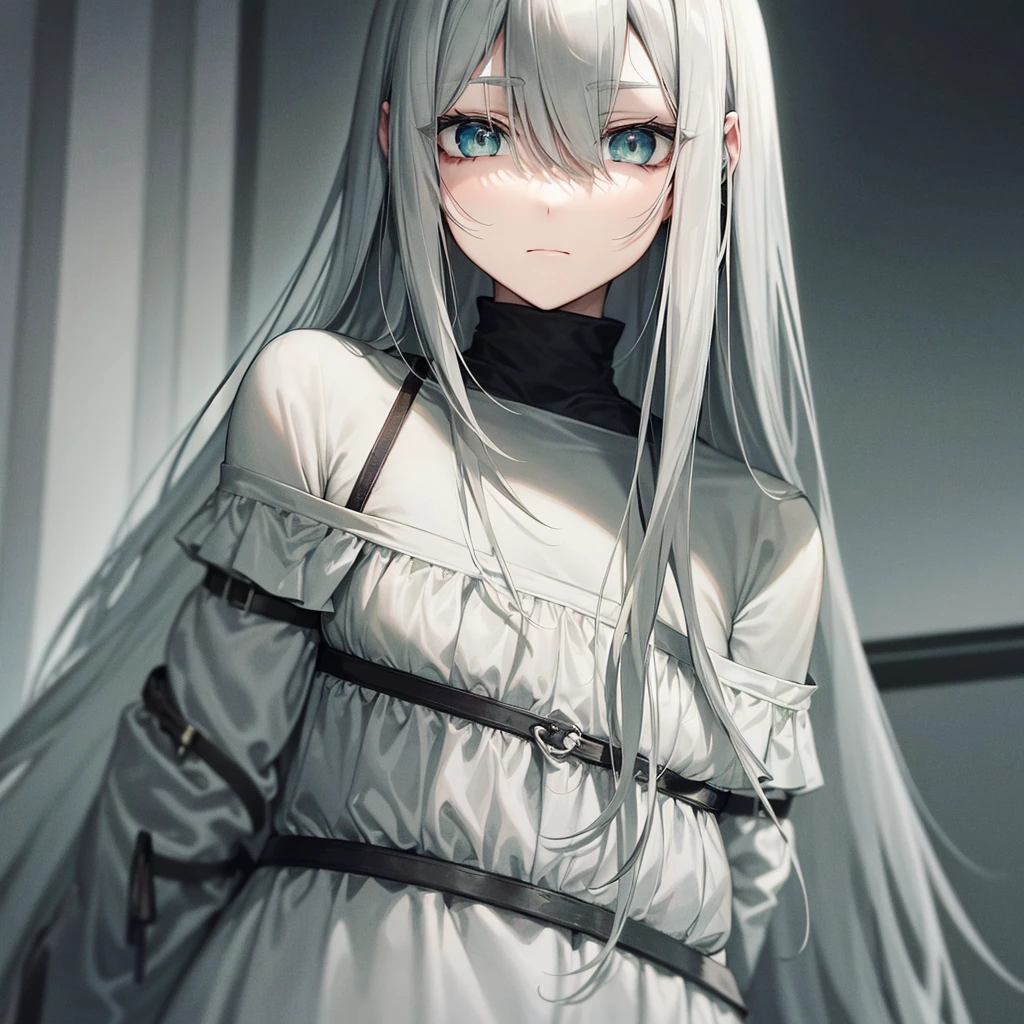 beautiful girl, anime, monotonous gray hair, muted tones, beautiful eyes, High detail, minimalism, pale green eyes, without a smile, A Mysterious Look, Average hair length