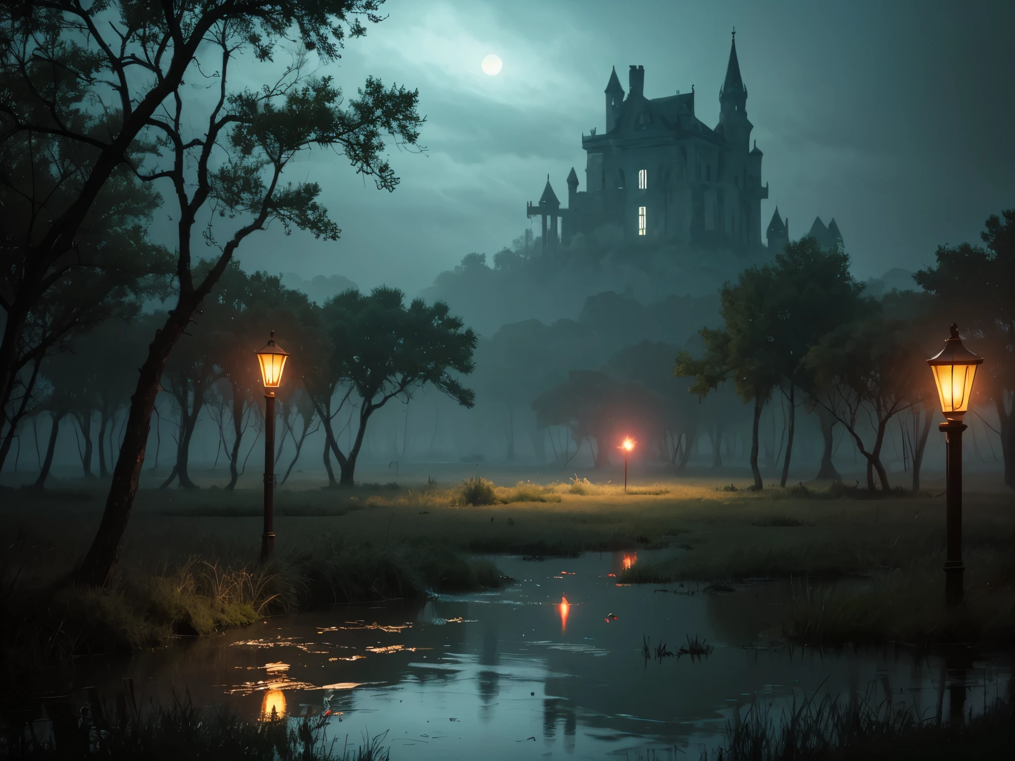 haunted swamp with red flying light
