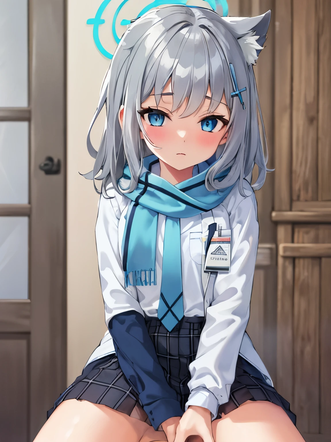 masterpiece, highest quality, Super detailed, indoors, school ,Hello,gray hair,medium hair,blue eyes,blue scarf,white shirt,(blue jacket:1.1) , No expression,vaginal,sex,woman on the top,1boy,