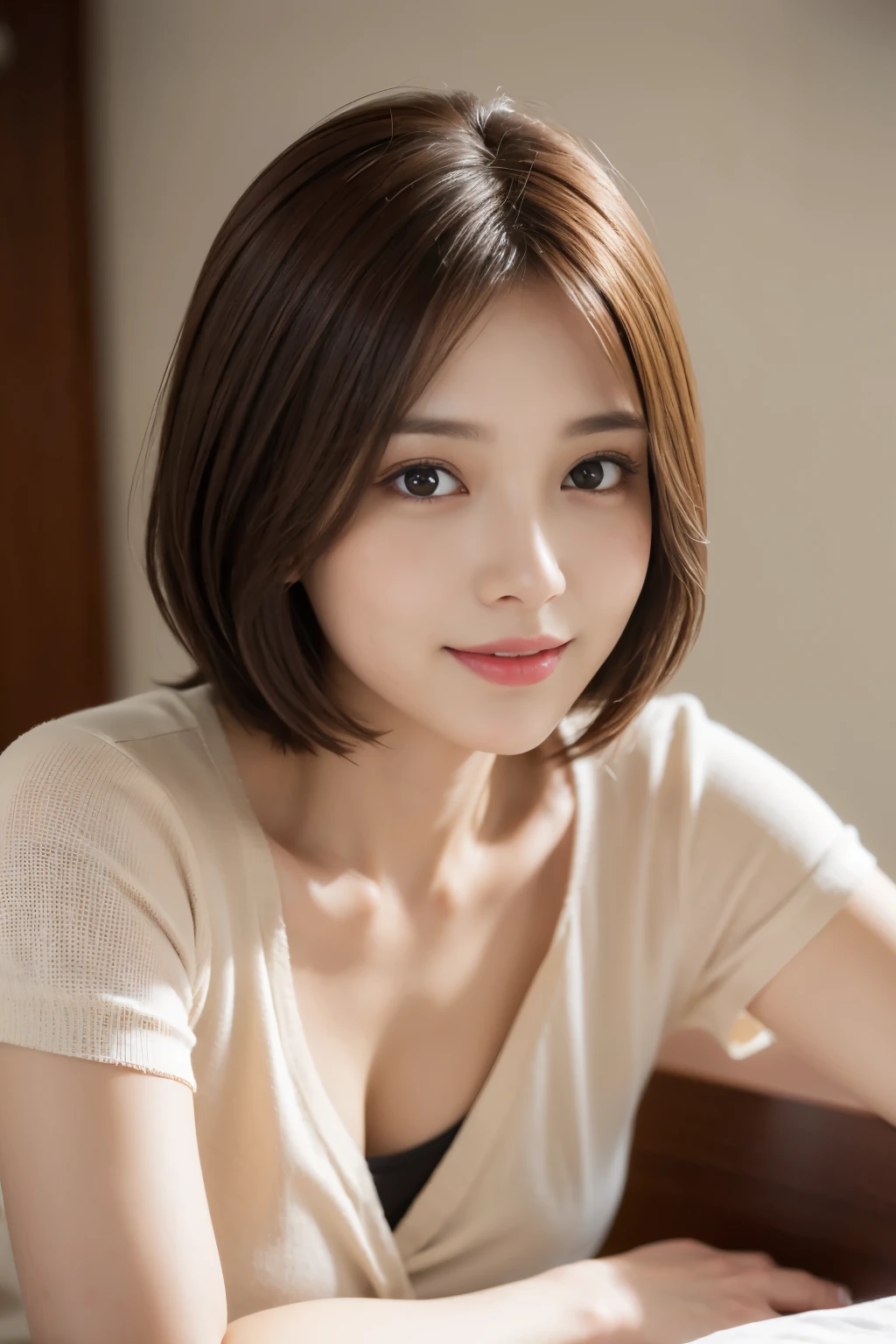 table top, highest quality, realistic, Super detailed, finely, High resolution, 8k wallpaper, 1 beautiful girl,, Light brown shorthair, wearing a t-shirt, sharp focus, perfect dynamic composition, beautiful and detailed eyes, thin hair, Detailed realistic skin texture, smile, close-up portrait, model body shape