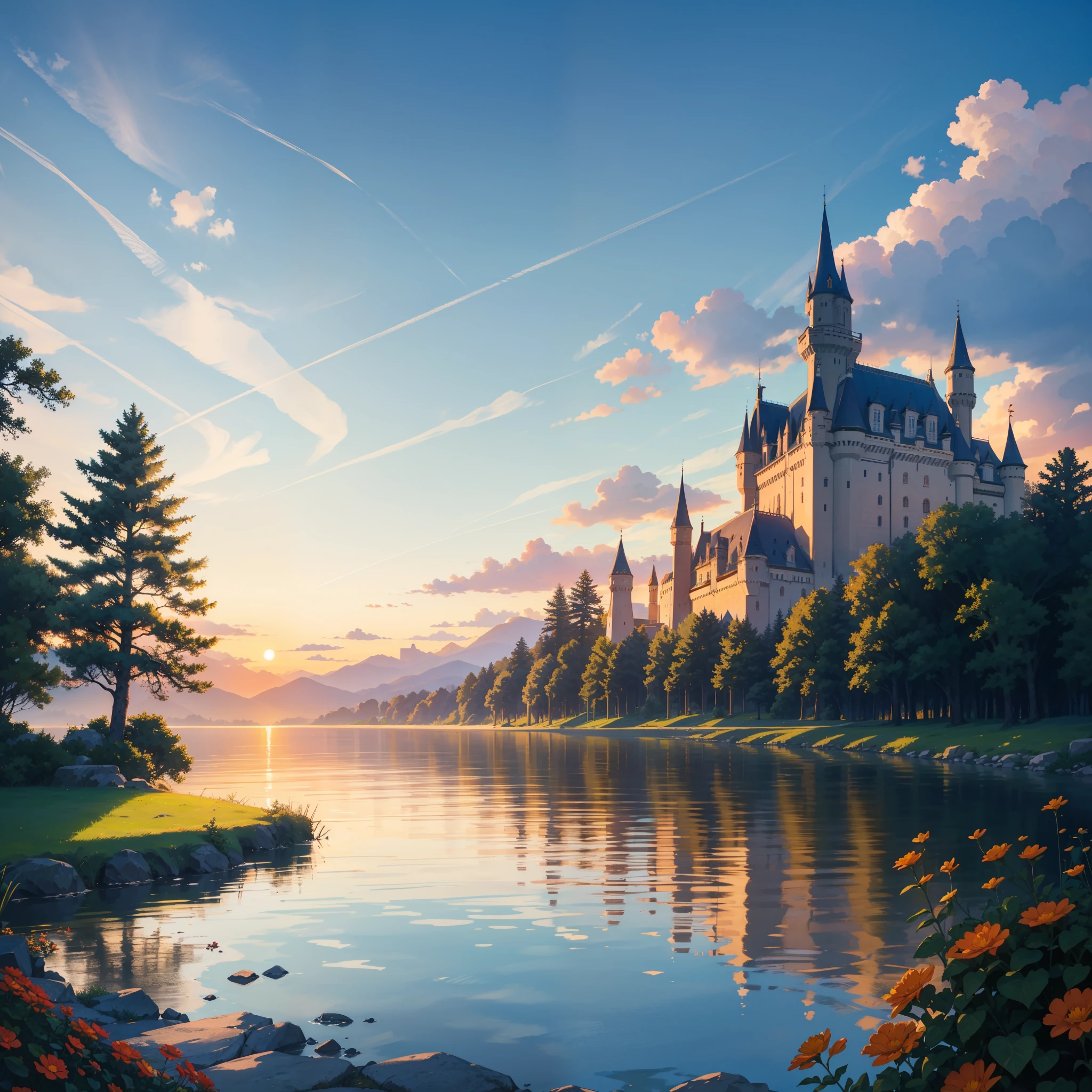 Beautiful scene of a huge castle with towering structures, situated amidst lush pine forests, as the rising sun paints the morning sky in hues of orange and gold during a summer season. The clear sky is an empty canvas for the sun's majestic display, creating a masterpiece in the tranquil panorama.