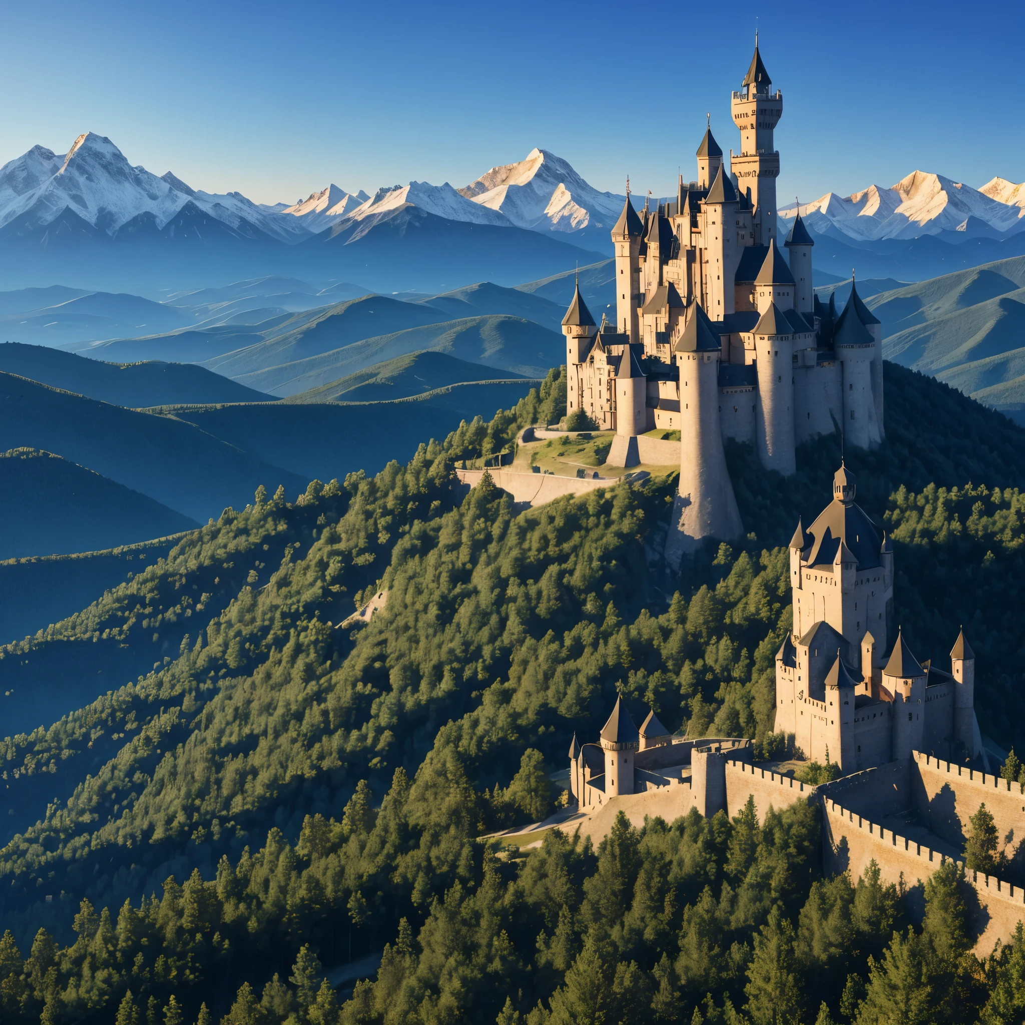 (huge castle with towers:0.7), rising sun, morning, summer, mountains, clear sky, pine forest, masterpiece, empty blue sky, panorama,