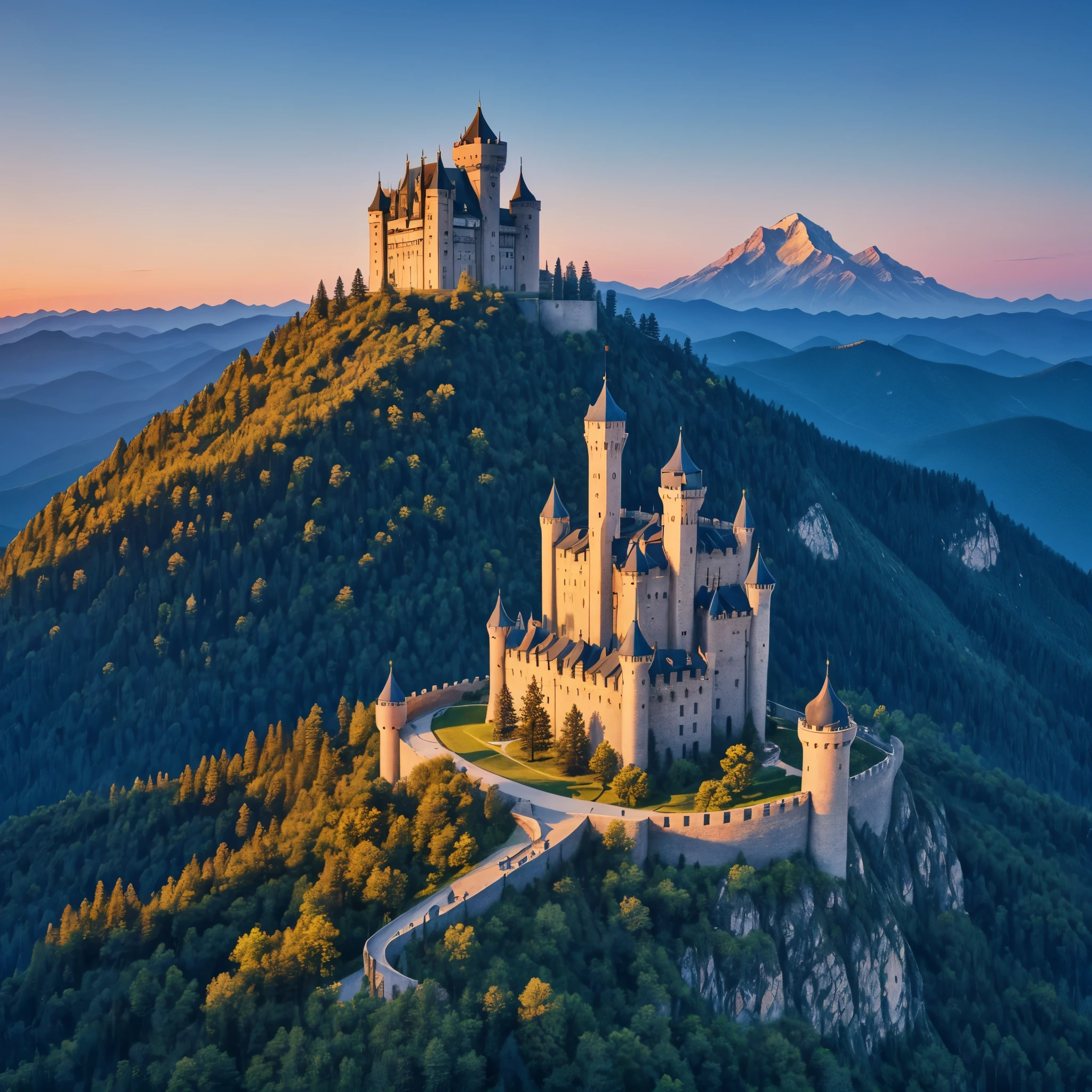 (huge castle with towers:0.7), rising sun, morning, summer, mountains, clear sky, pine forest, masterpiece, empty blue sky, panorama,