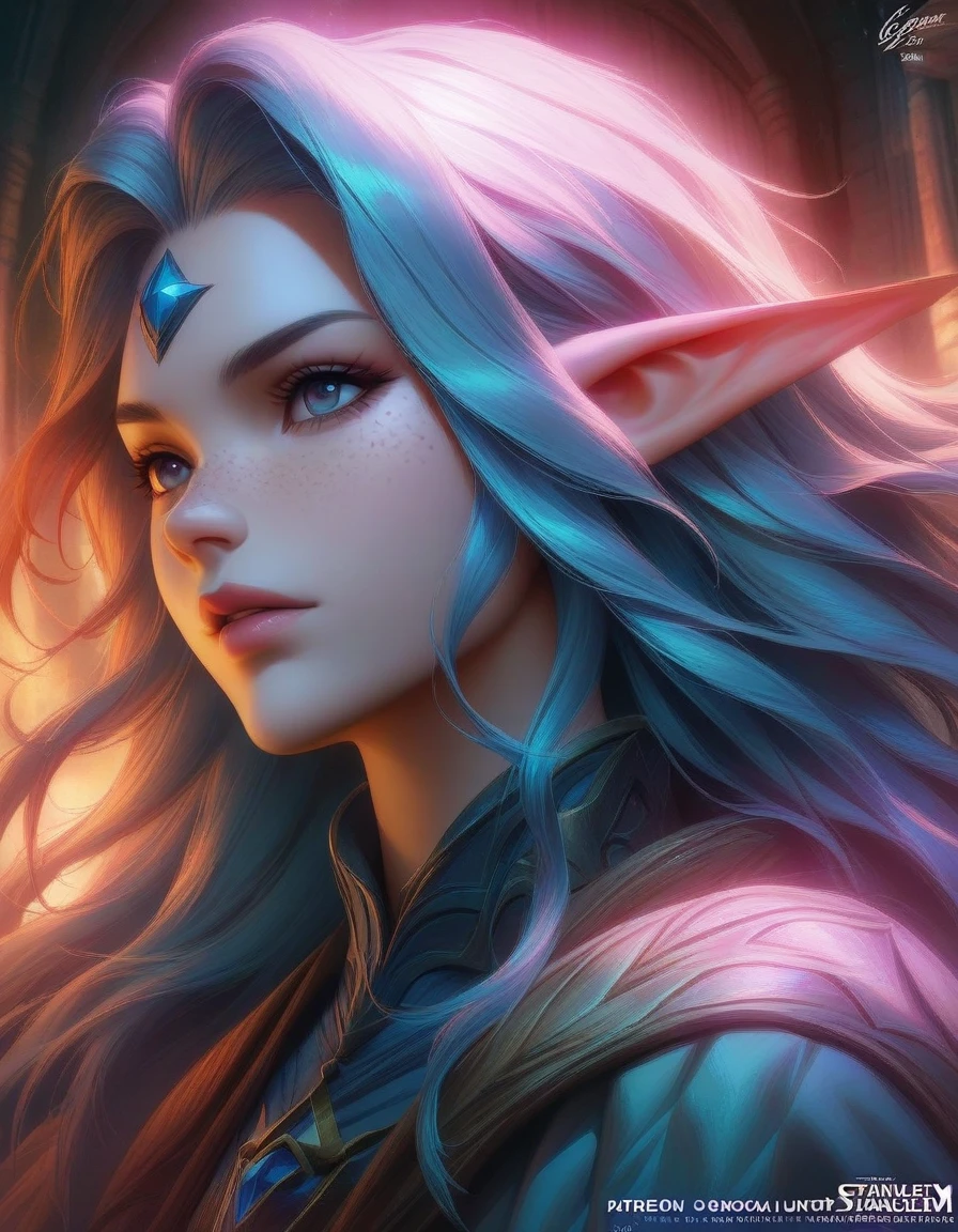 1girl, elf cleric character closeup portrait, Dungeons & Dragons, aesthetic, dungeons and dragons, dramatic light, dungeon background, 2 0 0 mm focal length, painted by stanley lau, painted by greg rutkowski, painted by stanley artgerm, high detail, real life skin, freckles, 8 k, stunning detail, works by artgerm, greg rutkowski and alphonse mucha, unreal engine, (masterpiece), (best quality), (ultra-detailed), very aesthetic, illustration, disheveled hair, perfect composition, moist skin, intricate details, anime artwork, anime style, key visual, vibrant, studio anime, highly detailed