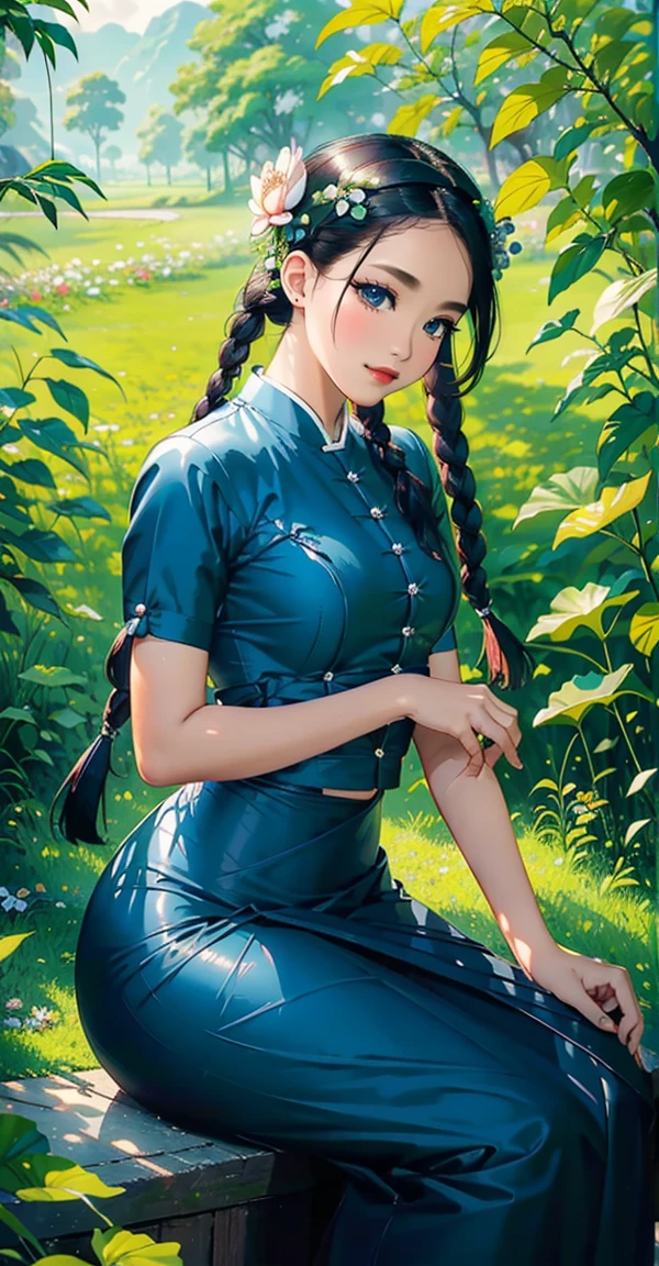 beautiful detailed eyes,beautiful detailed lips,long eyelashes,straight black hair,porcelain skin,two braids,traditional clothing,lotus flower,richly decorated headband,smiling face,gentle expression,peaceful garden,green grass,lush trees,colorful flowers,butterflies floating around,sunlight filtering through the leaves,(best quality,4k,highres,masterpiece:1.2),ultra-detailed,realistic:1.37,traditional portrait,vivid colors,warm color palette,natural lighting