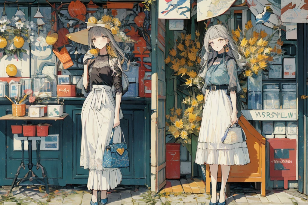 (Masseter muscle part、highest quality、Mysterious、beautiful beautiful、official art、Impressionism、By Van Gogh:1.2)、(1 girl:1.3)、(fractal art:1.4)、shiny skin、pattern、bob hair, gray hair, bag, high heels, food, jewelry, earrings, looking at the viewer, smile, holding, long hair, inner color、alone, fruits, knee-length dress, handbag, gray eyes, Colorful shoes, bird, yellow flower, envelope, english text, full body, white 花, shirt,shorts、See-through、Are standing, valentine color、exotic wallpaper、very colorful、abstract background、Fantastic