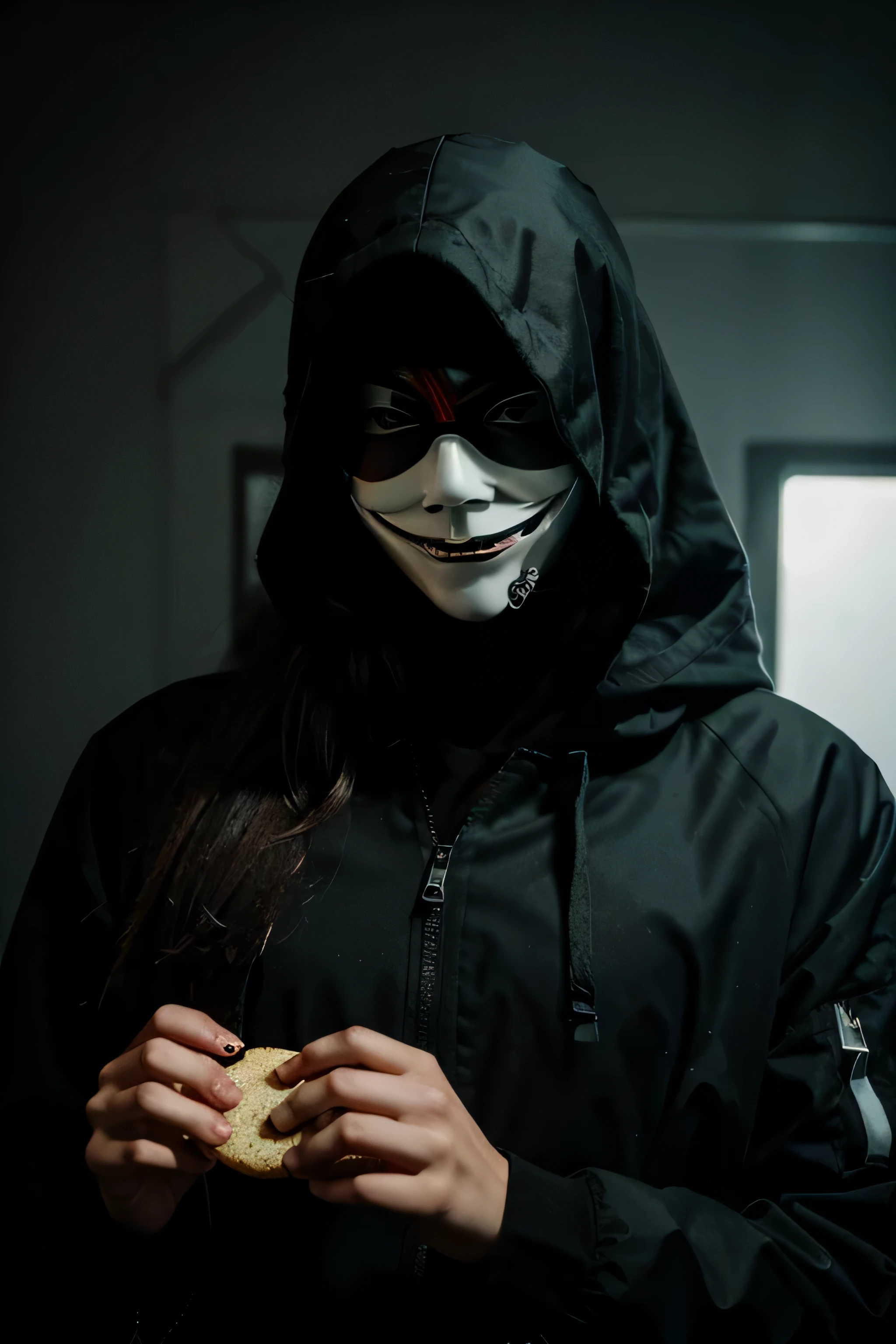 a woman wearing the Anonymous hacker group mask holding a cookie. horror style figure