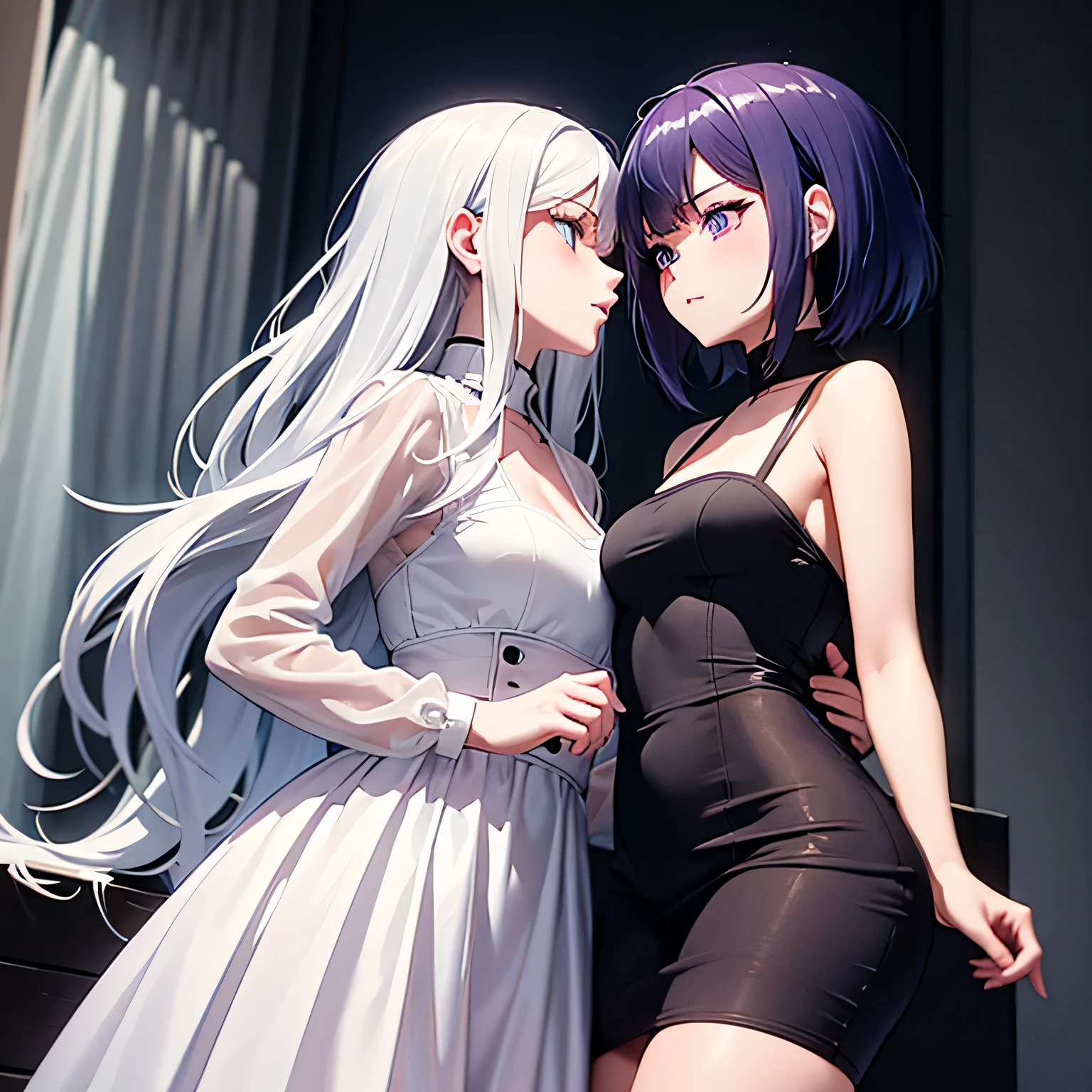 {{2girls}}, diagonal back to back,masterpiece,best quality,very aesthetic,absurdres,cowboy shot,light color,dark color,light hair,dark hair,White hair,light blue hair,light blue eyes,Lovely,translucent hair,dark purple eyes,headless,(black hair,one eyes),asymmetry,Wide open back,Wide open back,Bare shoulders, huge ass,see-through,butt_crack,bend,