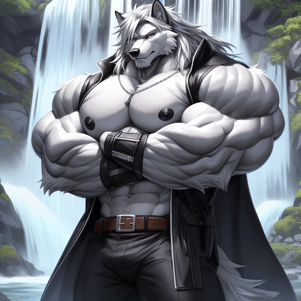 (upload on e621) (Masterpiece) (by Drks) (best quality) (ultra high res) 4K (8k HD) 2D (perfect anatomy) (digital art) (official art) (extreme detailed) (ultra detailed) (strapsanime) color (soft shading) (sharp focus) (waterfall background) 1man silver body fur silver belly detailed fluffy fur (ultra detailed face) detailed eyes detailed iris eyes detailed silver eyes (white sclera) black pupils big navel abs bare pectoral (((huge black shiny ))) black claw nails furry wolf male mature ilver giant bulky muscular body fur giant size canid (((huge muscles))) (((hyper muscles))) huge pecs (((oversize pecs))) huge biceps (((giant biceps))) (((fullbody))) canine canis mammal powerful wolf god wolf male calm cool collected demeanor face badass wolf anthro solo standing (((wearing silver full complete sleeveless long trench coat jacket))) (((silver longest length hair))) (((silver longest length back fur hair))) (((silver longest length hair fur front lay on pecs))) (((perfect fingers))) (((five fingers))) dark black hands and fingers (((wearing silver fingerless gloves))) (((silver arm bands on his biceps))), (((three silver arm bands on his forearms))) (((dark black huge bead necklaces))) (((dark black huge longer bead necklaces around neck to pecs))) (((silver long wolf tail))) (((black long pants with silver lines with belt straps on both legs))) (((silver electricity and wind aura flow entire body))) (((crossed arm pose)))