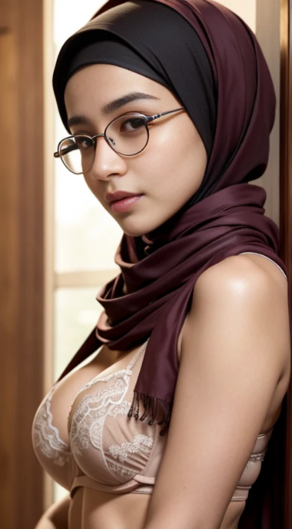 (iu:0.8).cleavage, RAW, Best quality, high resolution, Masterpiece: 1.3, Beautiful glasses hijabi java girl wearing scarf_top and boyshort, Masterpiece, Soft smile, a little bit open at the breast, sexy pose, seductive expression, covered breast with a bra, realistic abs