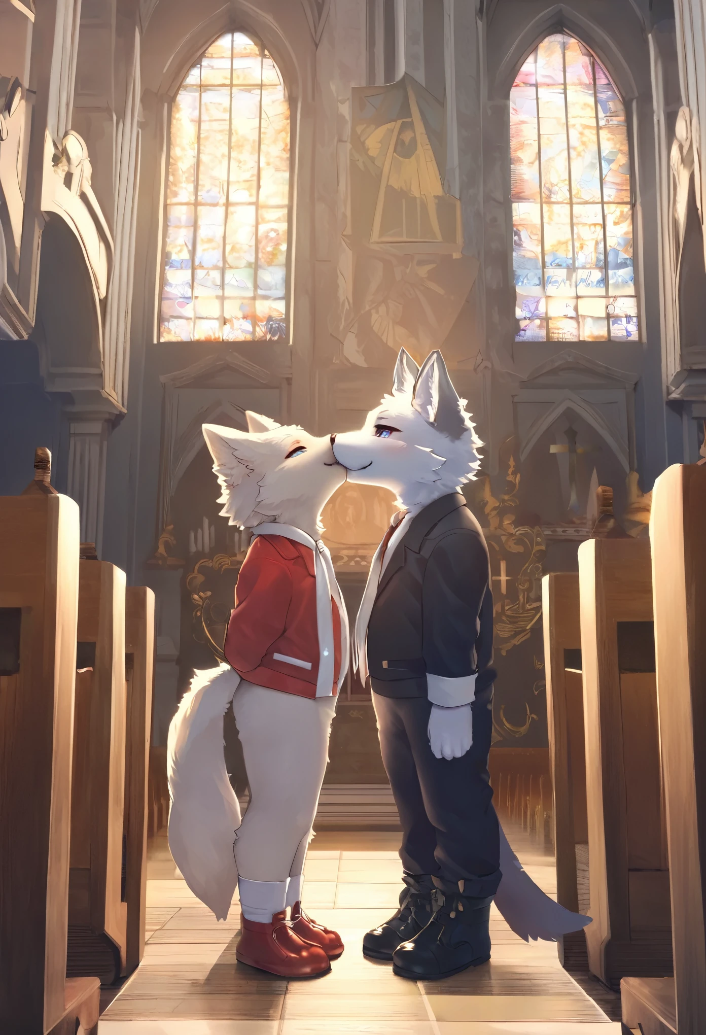 top quality, best quality, masterpiace, super high resolution, detailed background, church(highly detailed beautiful face and eyes)absurdres, perfect anatomy(handsome 2boy, kemono, suits)(furry)(furry anthro:1.7)(Furry body, dog facial features, dog body features)(very detailed body fur)full body, standing, bird kiss, smack, smile, portrait,