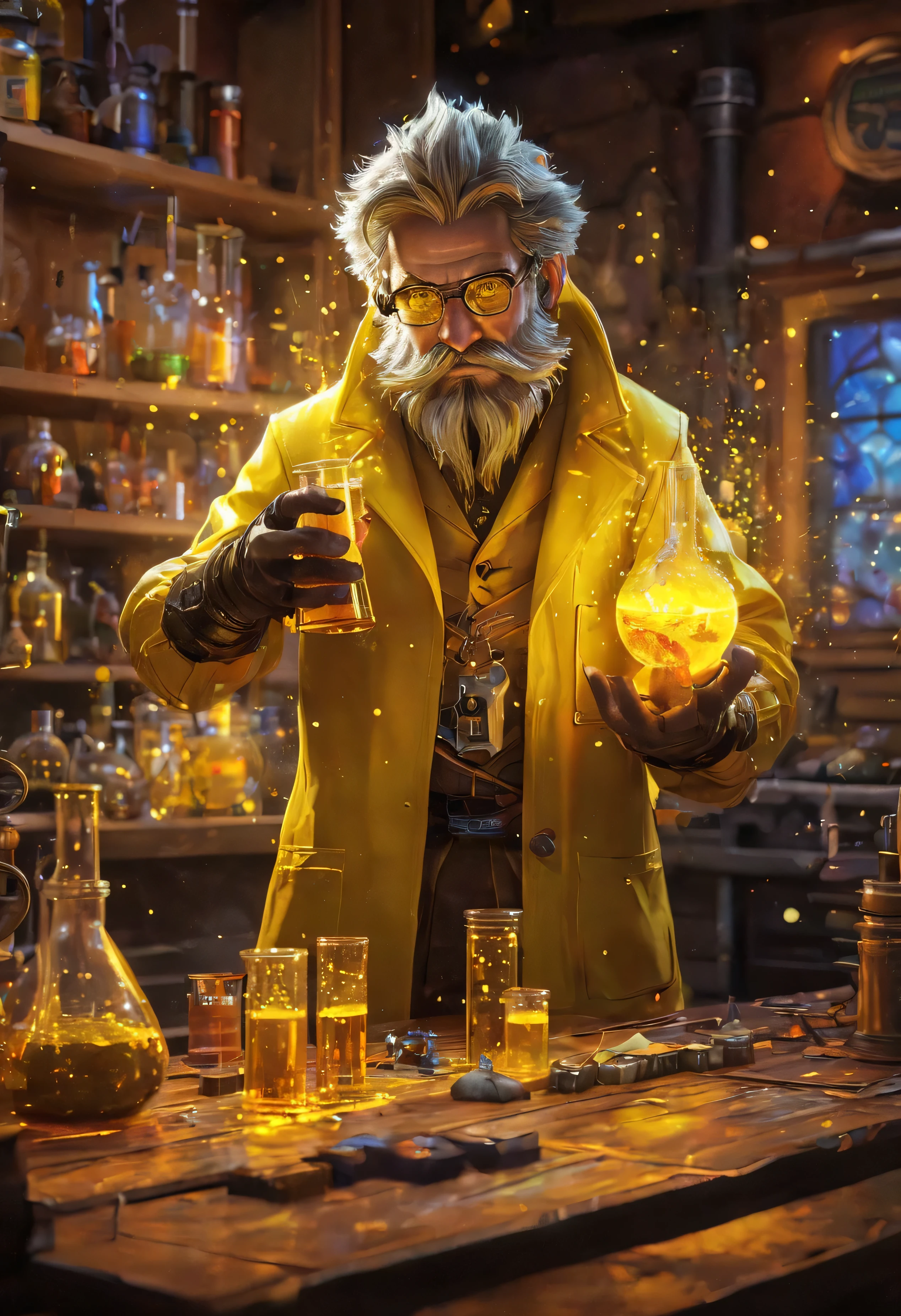 ((best quality)) , ((masterpiece)) , (detailed) , A mad scientist from World of Warcraft is playing with beakers and test tubes in his lab. He is wearing a yellow shirt that says "Blizzard" on it. In the style of Hearthstone card art.