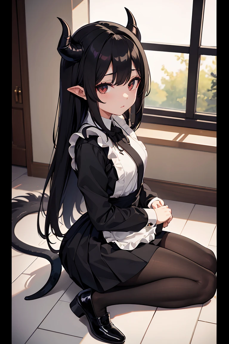 Demon woman, long black hair, short horns, golden eyes, tail, black eyes, maid uniform, black pantyhose, shoes, inside house photography 