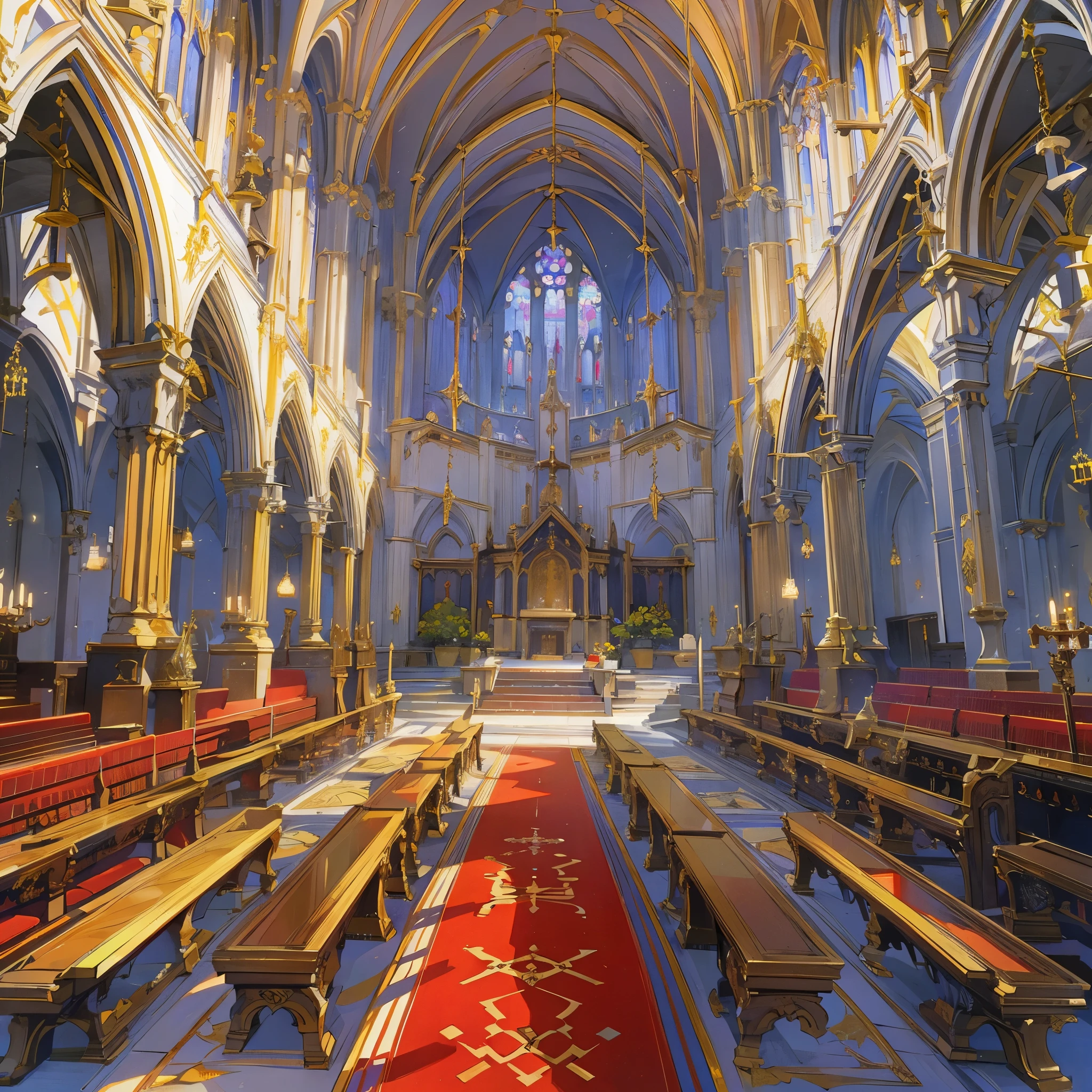 a church(European medieval churches，church)，white walls，sacred and solemn environment，There is a red carpet in the middle，The seats on both sides were filled with worshipers praying。Medium shot composition，Panorama pictures，Scene screen，game concept art style，Anime illustration style，Marker style，HD，4K。