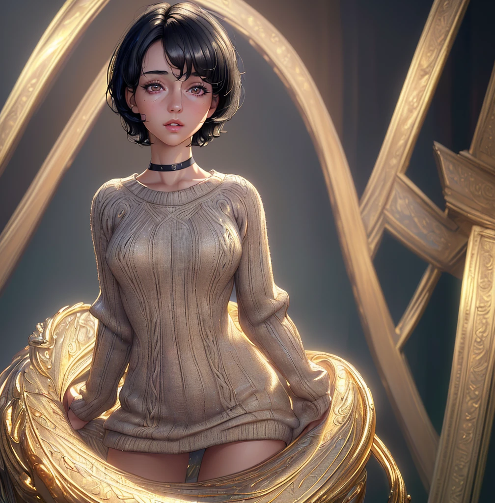 (masterpiece:1.3), (8k, photorealistic, RAW photo, best quality: 1.4), (1girl), beautiful face, (realistic face), (black hair, short hair:1.3), beautiful hairstyle, realistic eyes, beautiful detailed eyes, (realistic skin), beautiful skin, (sweater), absurdres, attractive, ultra high res, ultra realistic, highly detailed, golden ratio