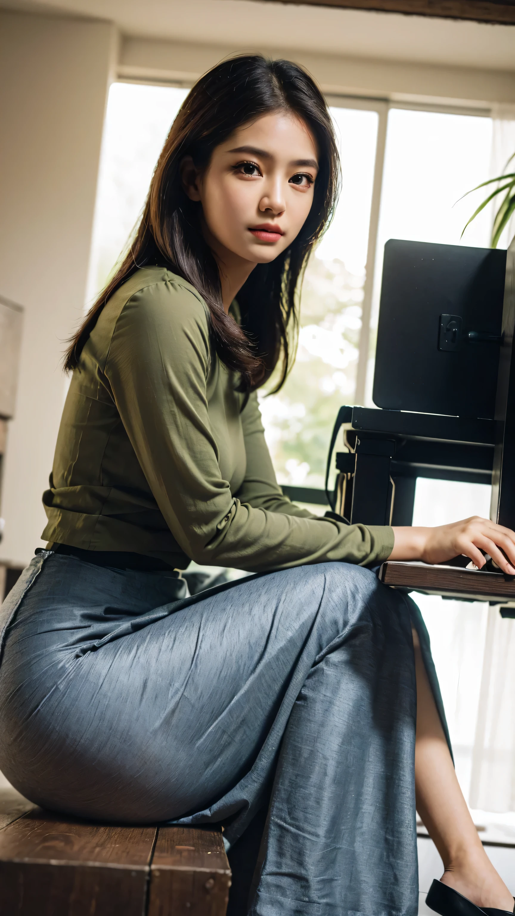(best quality,8k,highres,masterpiece:1.2),ultra-detailed,(realistic,photorealistic,photo-realistic:1.37),beautiful expressive eyes,long eyelashes,beautiful detailed lips,detailed hair and face, acmm ls outfit, wearing acmm top, olive green acmm top, long sleeves, wearing acmm long skirt, olive green acmm long skirt, printed skir