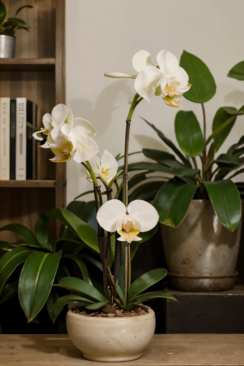 Photograph a Phalaenopsis orchid in its juvenile stage, with the plant more developed, showcasing several healthy, broad leaves and the initiation of a flower spike. The setting remains the consistent greenhouse, with a focus on the orchid positioned in a pot filled with bark and moss, indicating the plant's growth. Natural morning light creates a serene ambiance, highlighting the plant's youthful vitality and the anticipation of blooming. Composition to include medium shot that balances the orchid with its immediate surroundings.