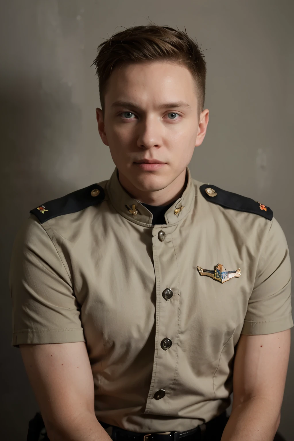 full face portrait photo, nude man, short military style haircut, blonde, clean shave, 30 years old,, 25% Joseph Sikora, 25% Peter Fonda, 25% Erik Estrada, 25% Aaron Paul, plain neutral background, no shadows, uniform lighting